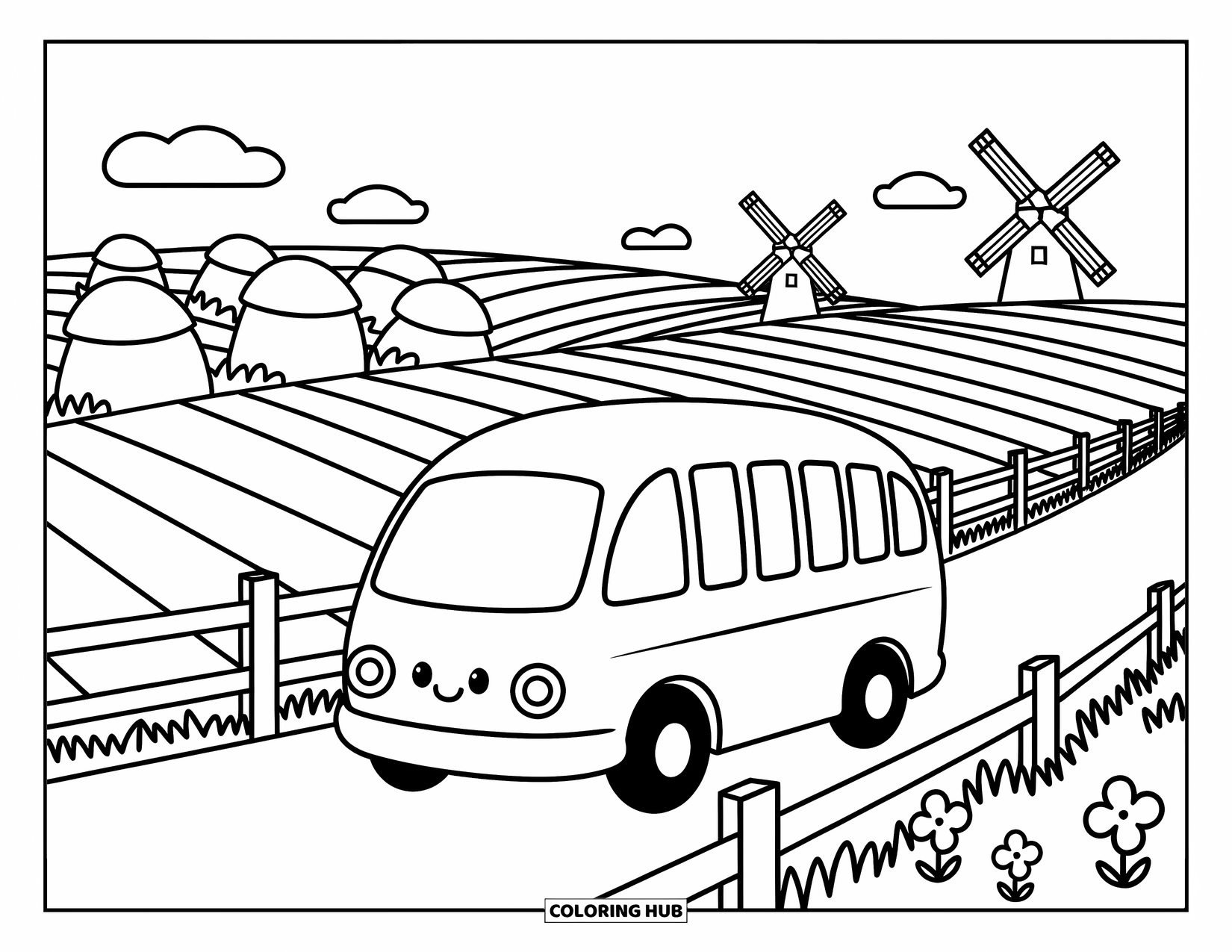 Bus Coloring Page for Adults: A happy bus rolls through farmland with haystacks, windmills, and blooming roadside flowers