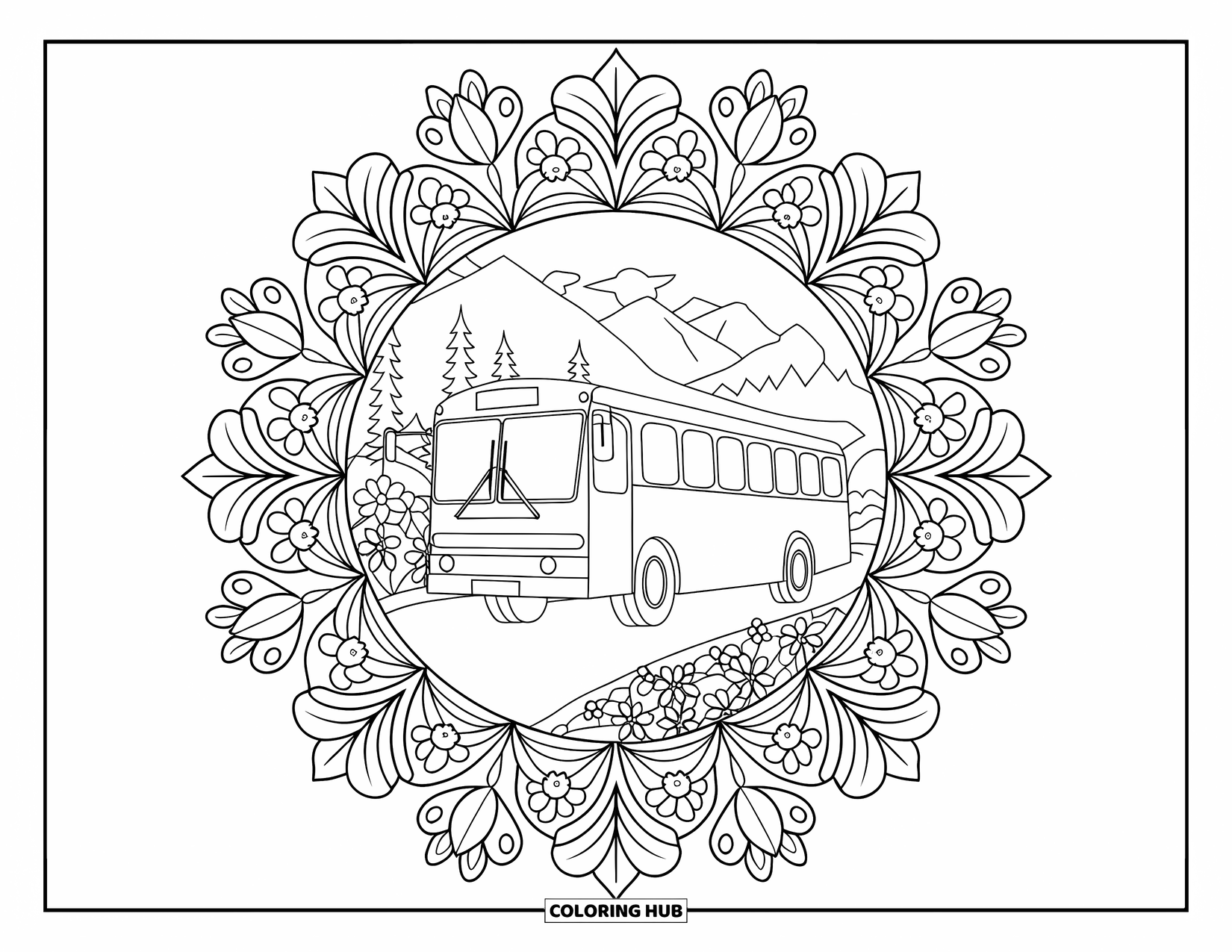 Bus Coloring Page for Adults: A mountain bus rests peacefully within a burst of leafy mandala patterns and flowers