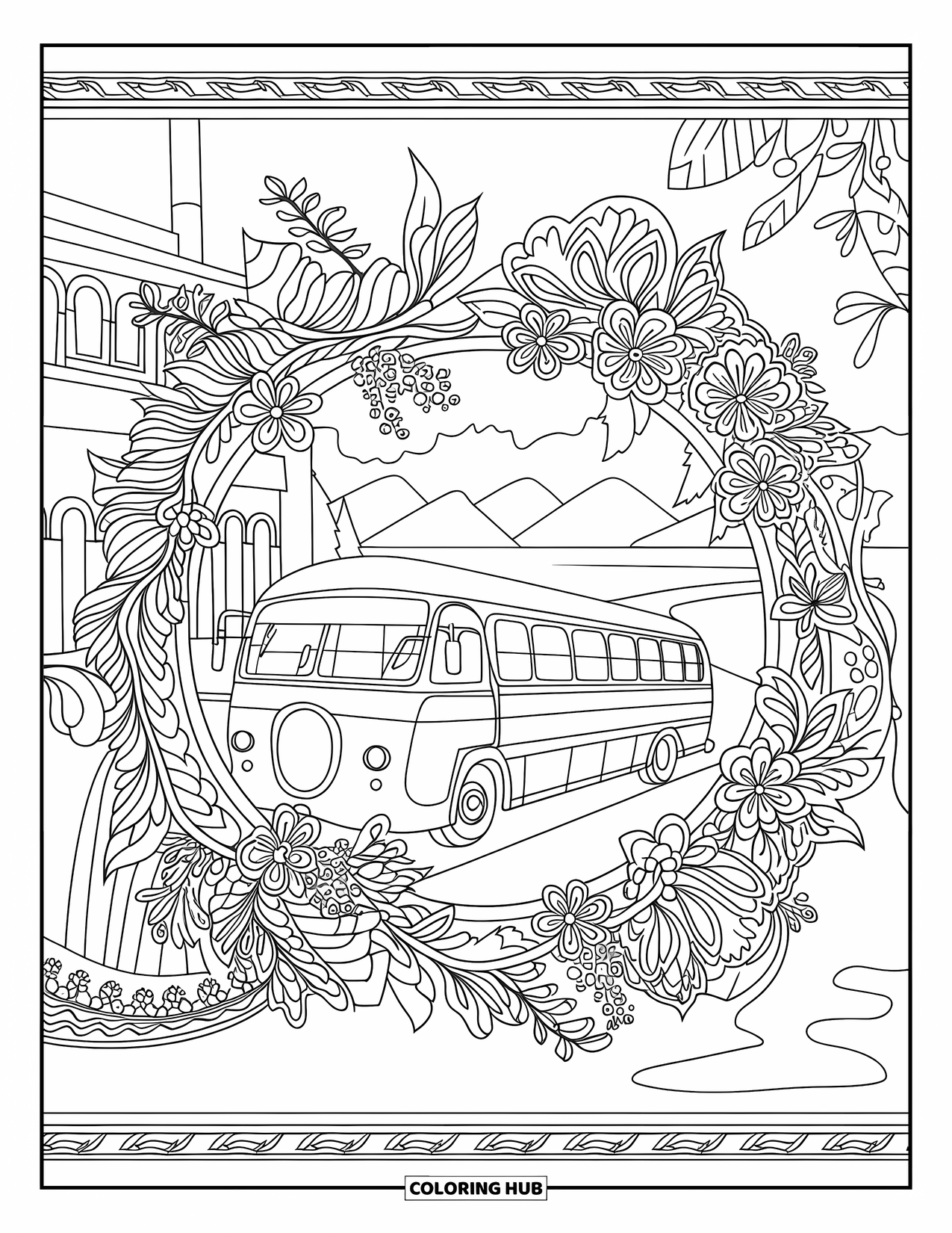 Bus Coloring Page for Adults: A red-roofed tour bus sits beside a building, surrounded by leafy mandala borders