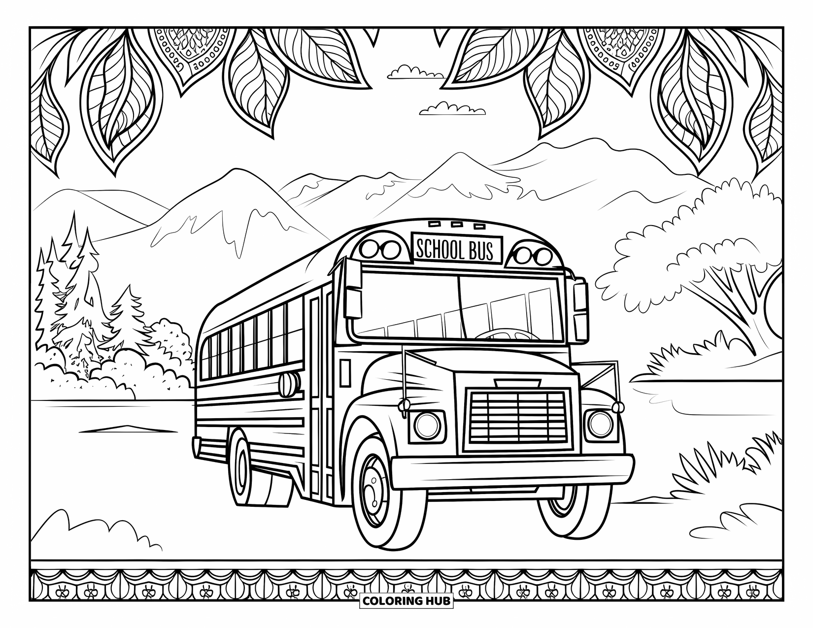 Bus Coloring Page for Adults: A school bus rests near water and mountains, framed by paisley designs and a border