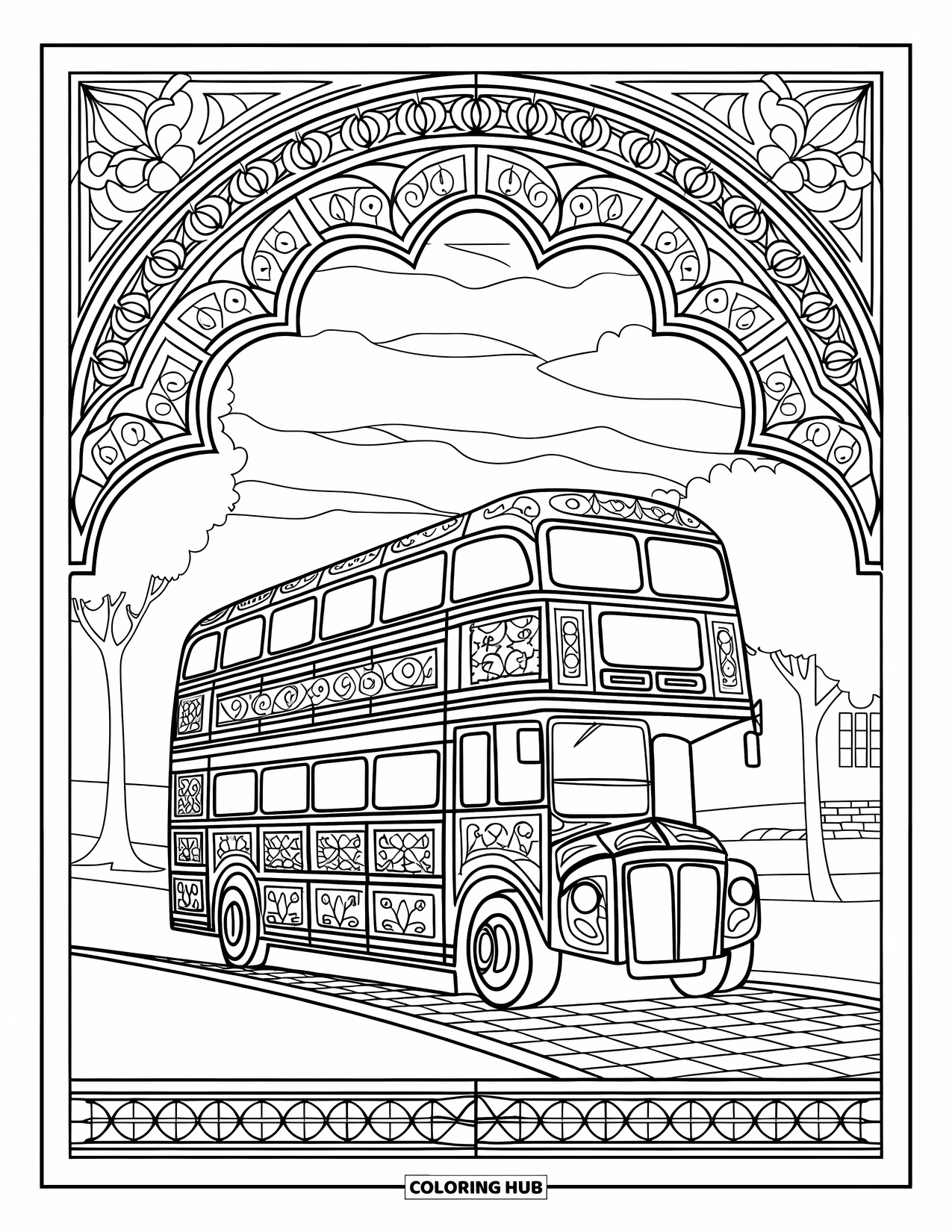 Bus Coloring Page for Adults: A striped bus stands still in a garden of stained glass flowers and borders