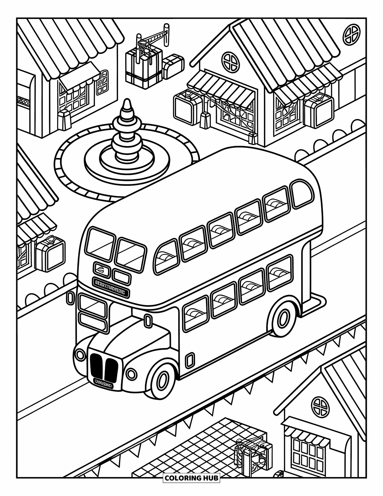 Bus Coloring Page for Adults: A suitcase-filled bus rides through a village with souvenir shops and waving flags