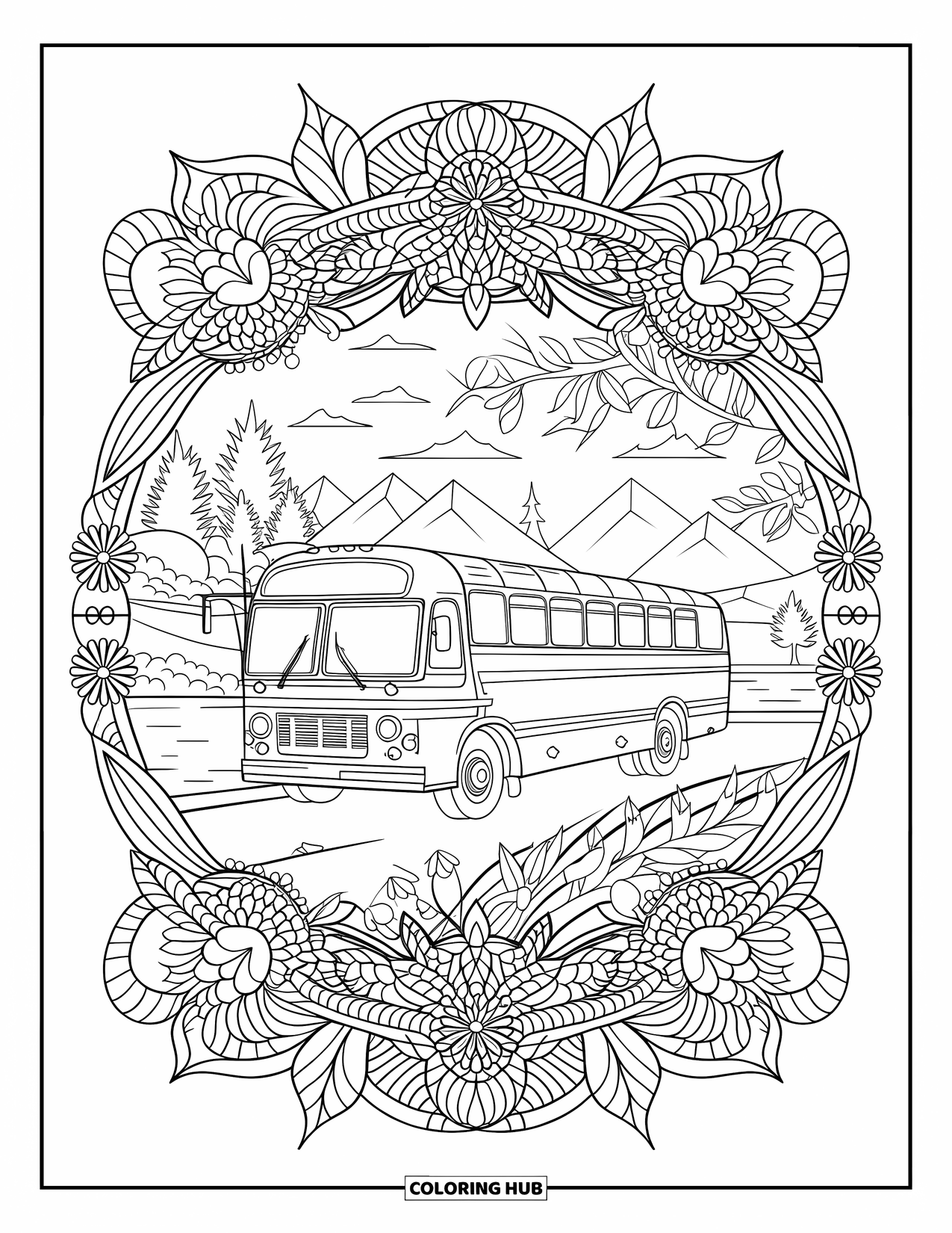 Bus Coloring Page for Adults: A vintage tour bus parks near nature, wrapped in full-page floral mandalas