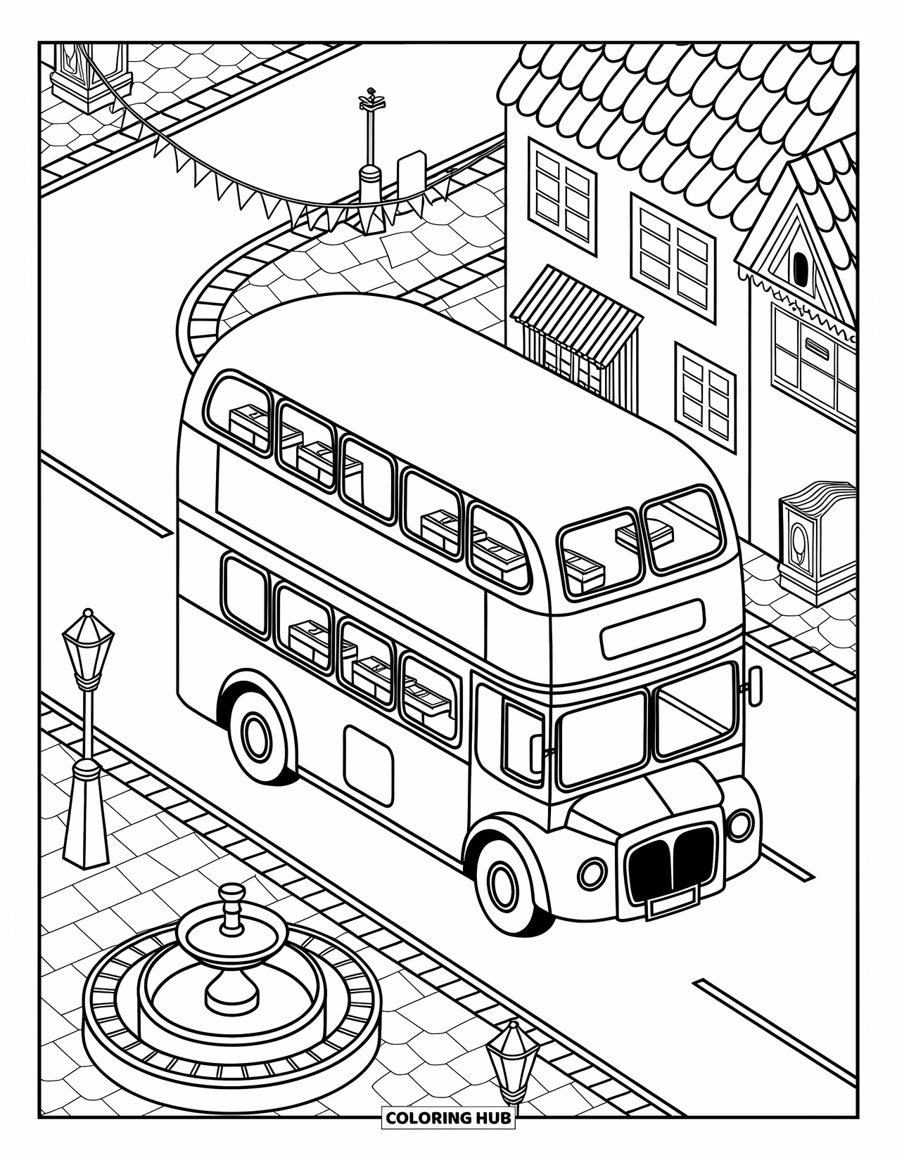 Bus Coloring Page for Adults: An open-top bus rides past cobbled paths, little stands, and a roundabout fountain