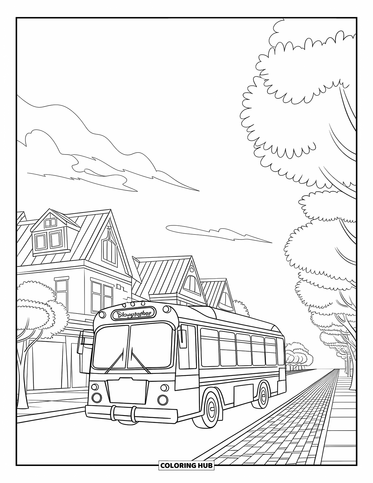 Bus Coloring Page for Kids: A bus rolls along a brick road past rooftops and round trees