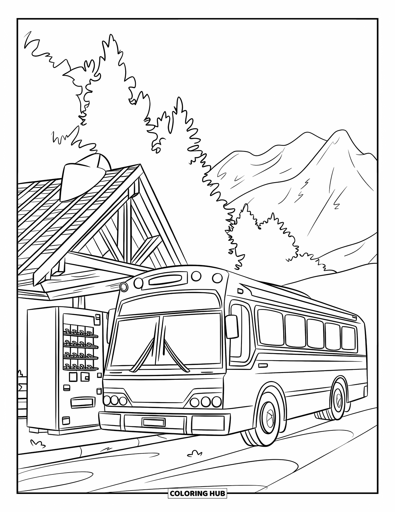 Bus Coloring Page for Kids: A bus stops near a vending machine outside a wooden mountain rest stop