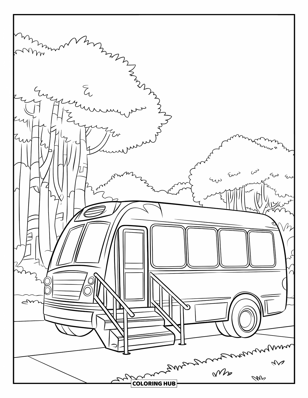 Bus Coloring Page for Kids: A cheerful yellow bus with stairs rests under tall leafy trees