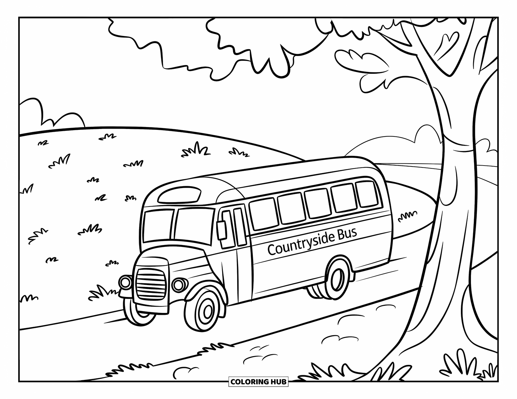 Bus Coloring Page for Kids: A countryside bus labeled "Countryside Bus" passes a grassy hill and tree