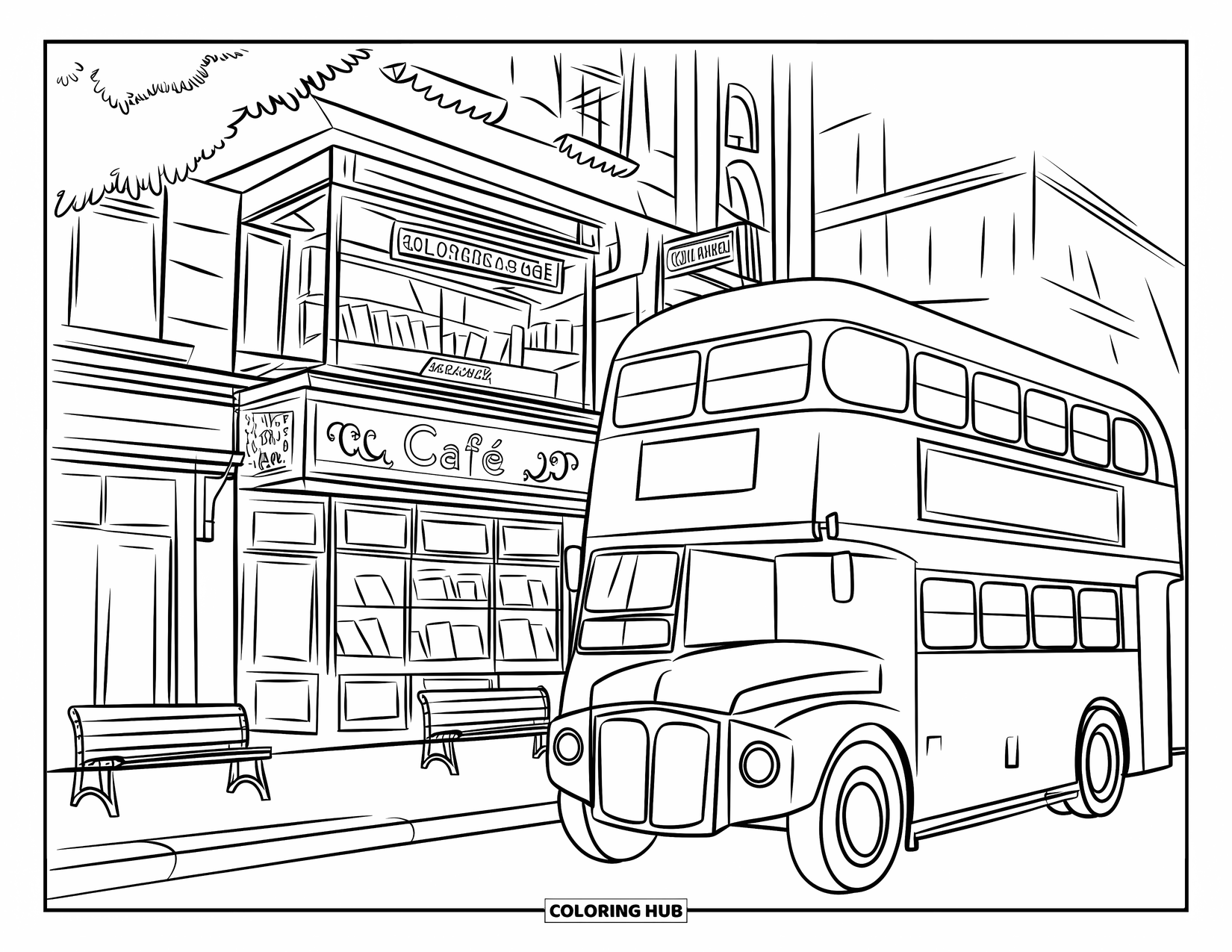 Bus Coloring Page for Kids: A double-decker bus is parked in front of a bookstore and café