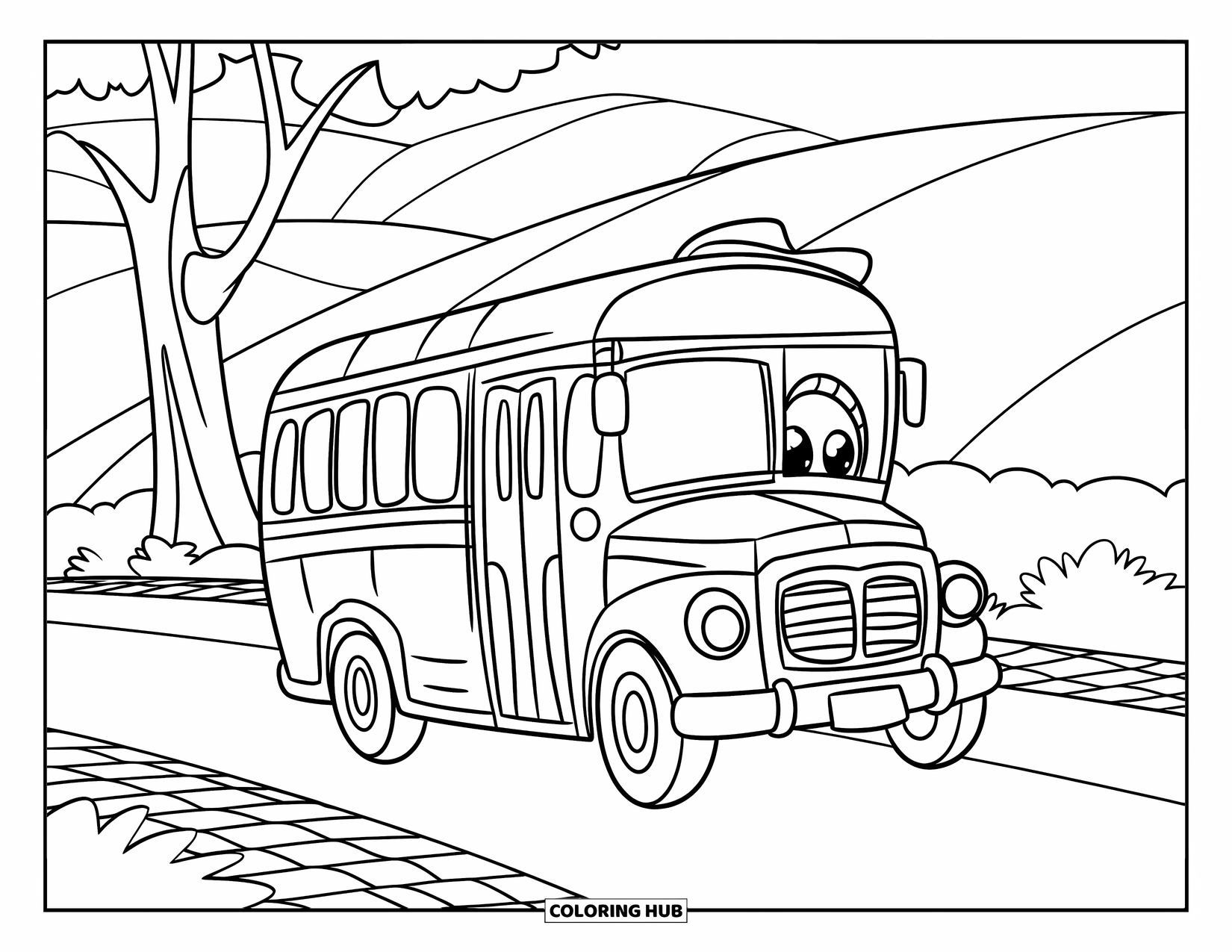 Bus Coloring Page for Kids: A happy bus with a hat rolls down a cobblestone country road