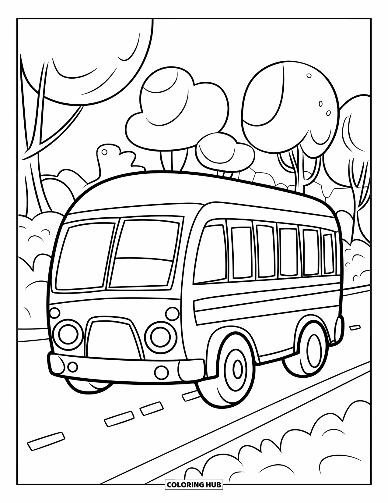 Bus Coloring Page for Kids: A happy city bus drives along a road lined with round-topped trees