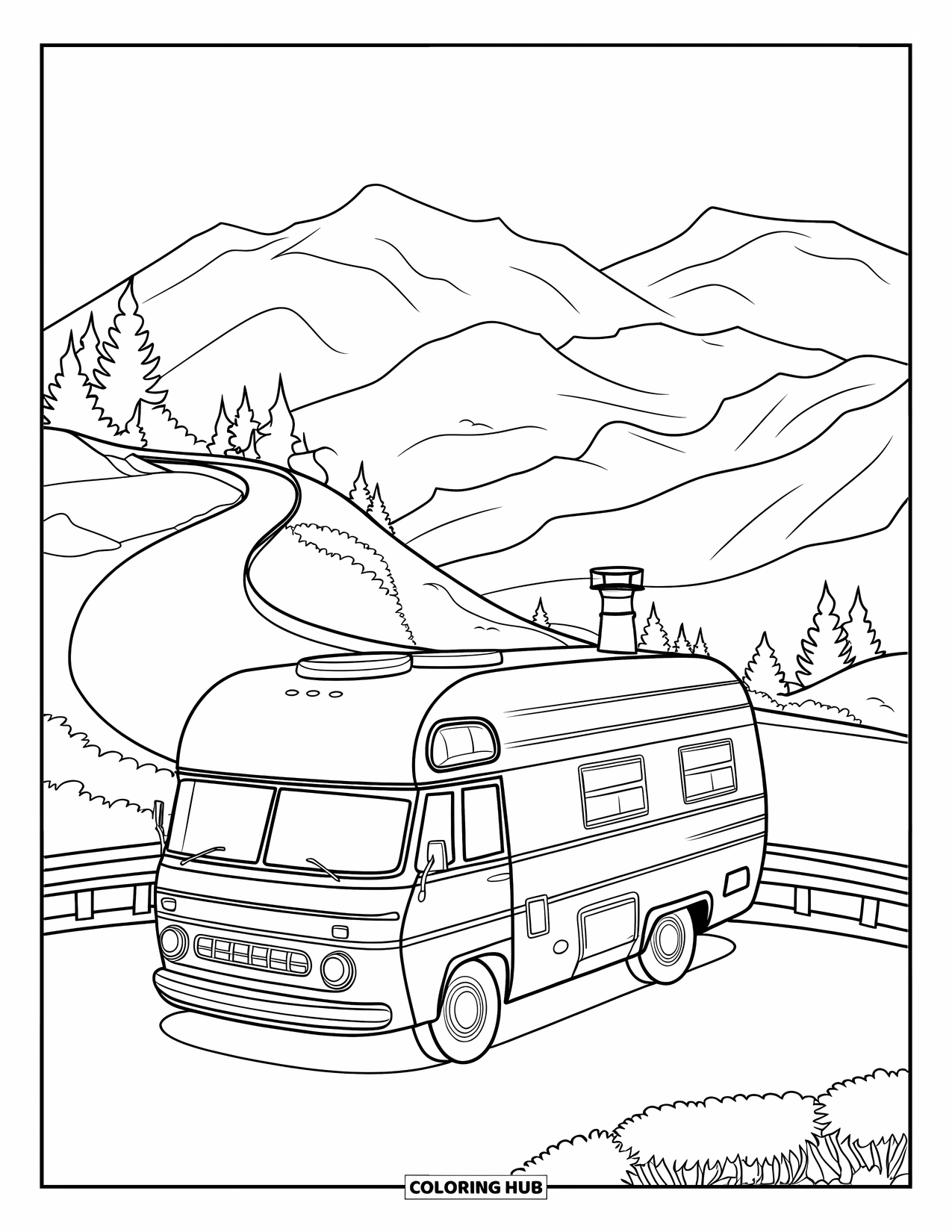 Bus Coloring Page for Kids: A retro camper bus rests near a bench by a curvy mountain road