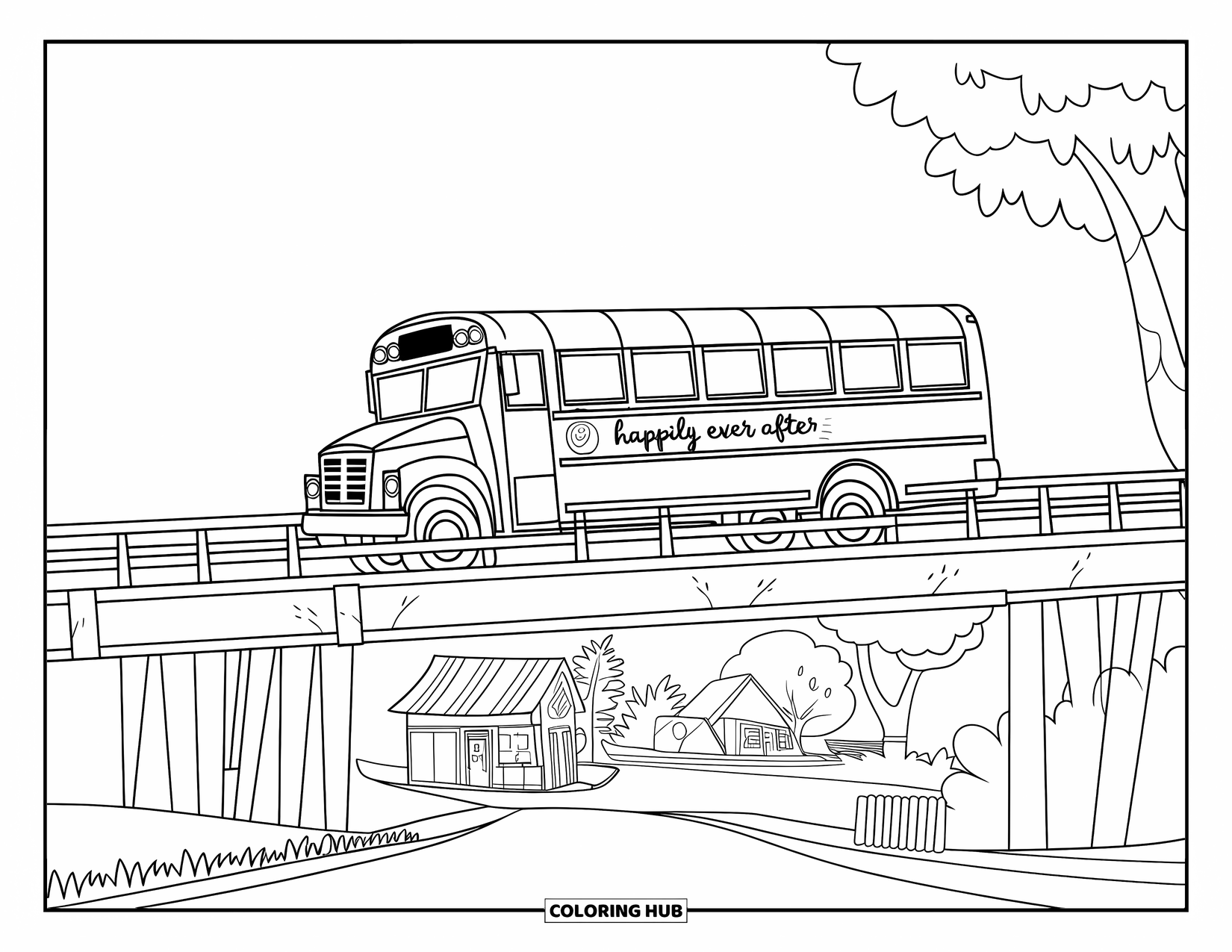 Bus Coloring Page for Kids: A school bus crosses a long bridge above a peaceful little town