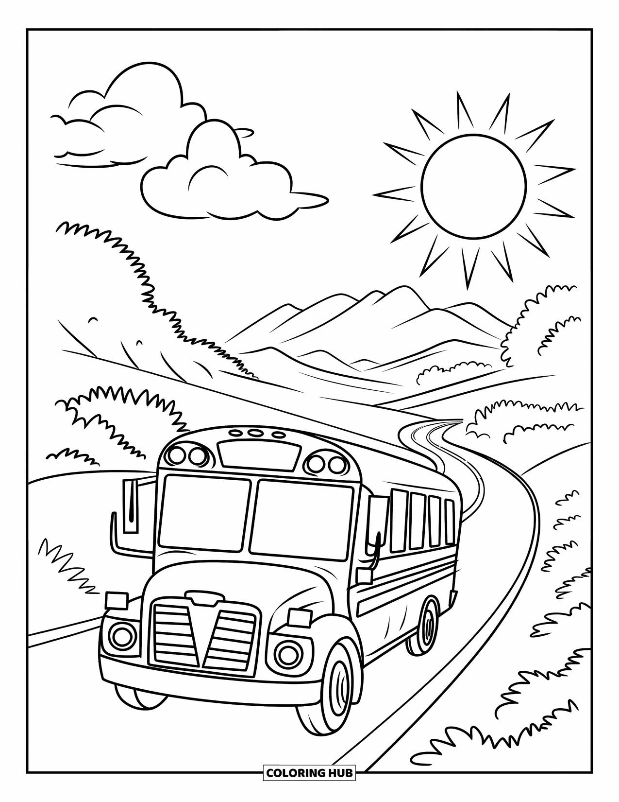 Bus Coloring Page for Kids: A school bus drives down a winding road beneath fluffy clouds and sun
