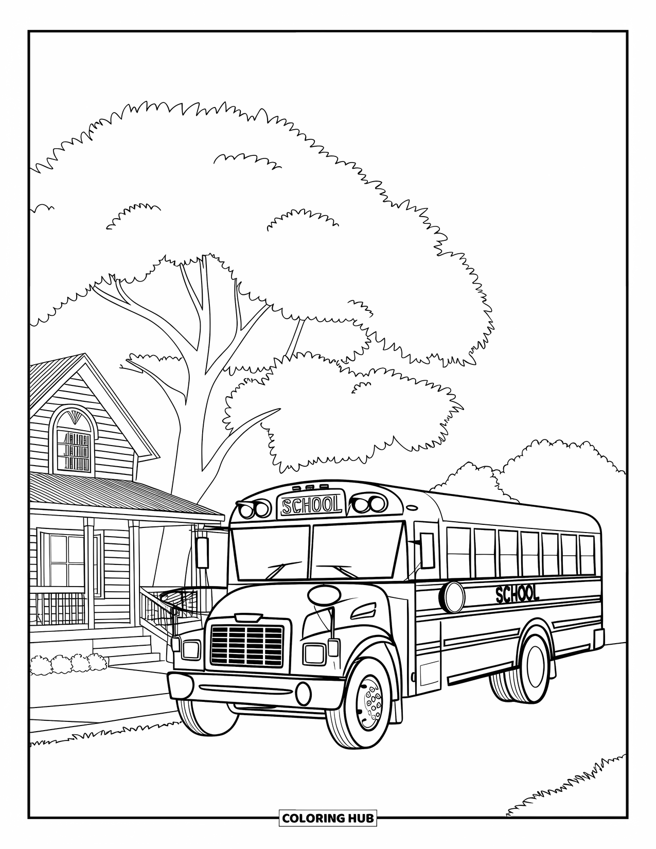 Bus Coloring Page for Kids: A school bus is parked in front of a little house and a tree
