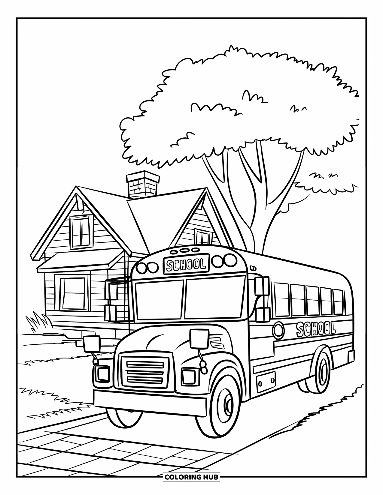 Bus Coloring Page for Kids: A school bus rests near a cozy house with a chimney and tree