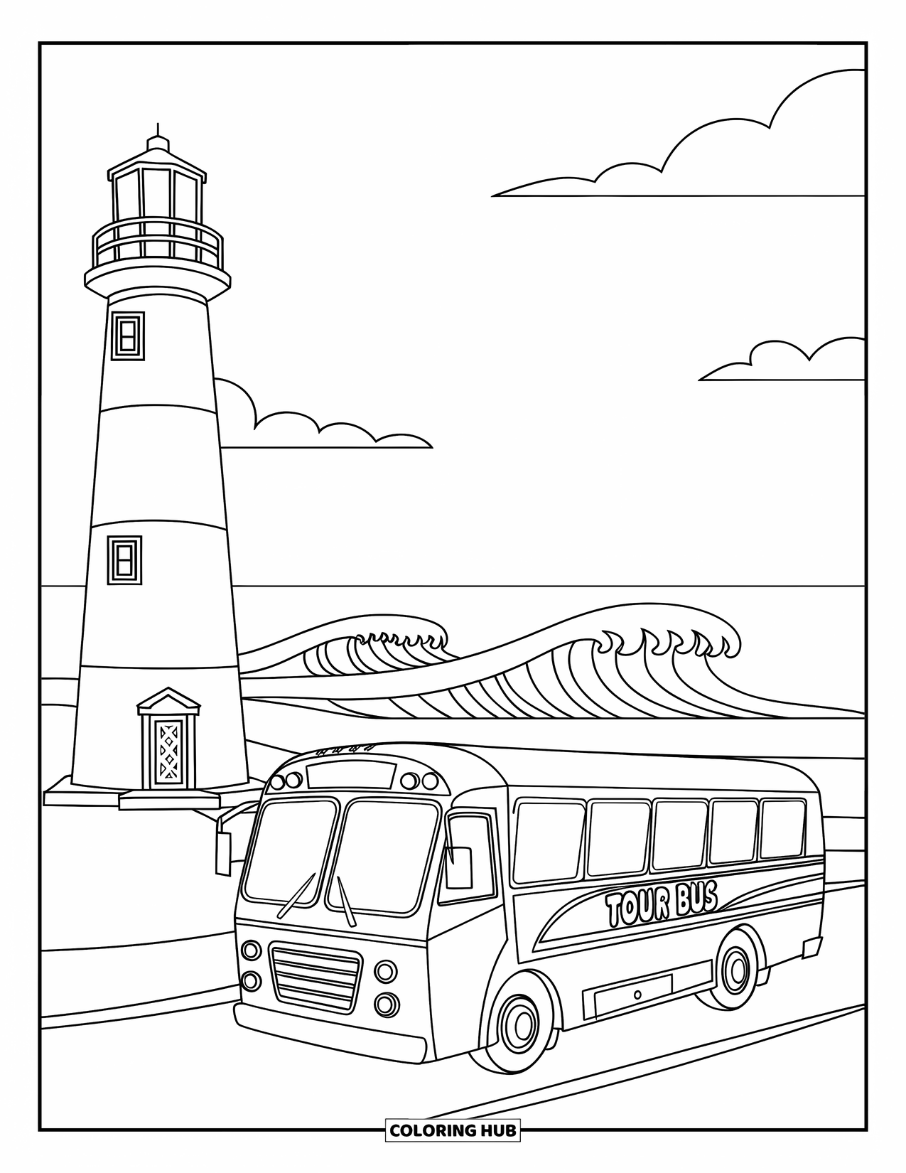 Bus Coloring Page for Kids: A striped lighthouse and tour bus share a peaceful coastal view
