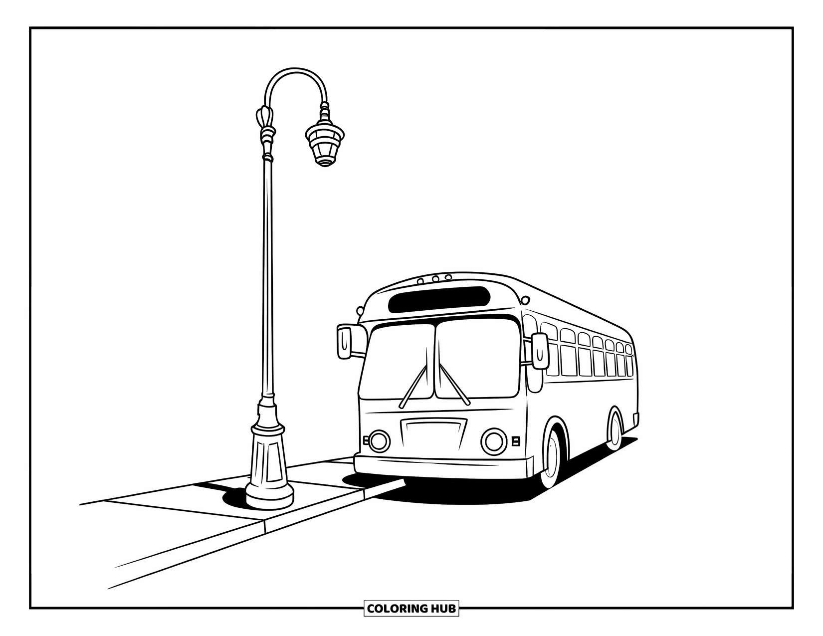 Bus Coloring Page for Kids: A yellow and blue bus is parked next to a sidewalk in the city