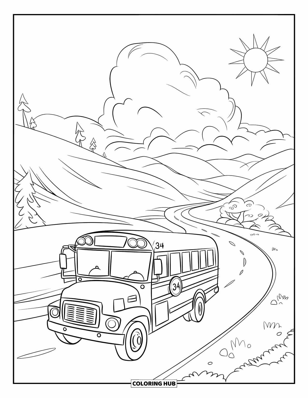 Bus Coloring Page for Kids: Bus 34 cruises through green valleys and hills under a bright sunny sky