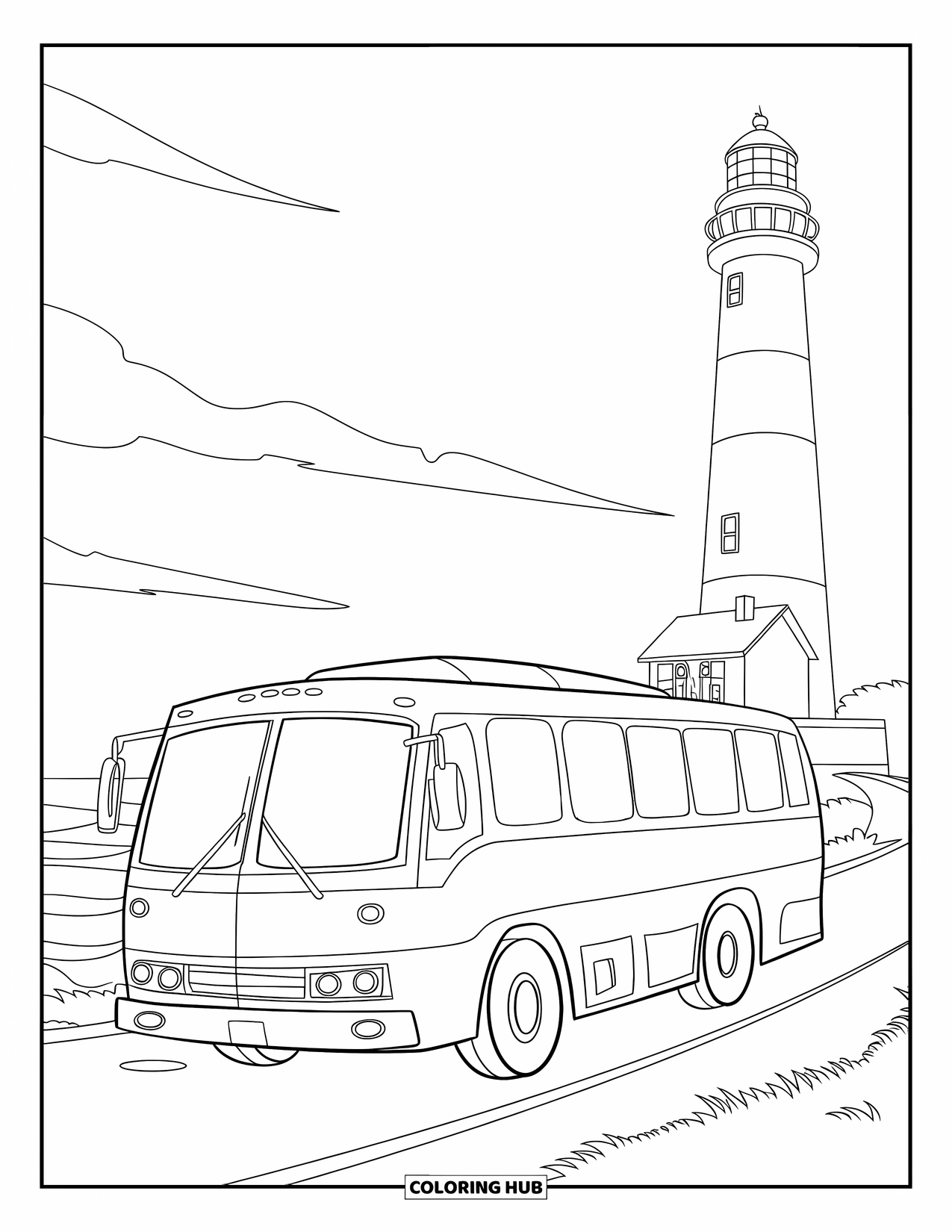 Bus Coloring Page for Kids: Smiling passengers ride a bus past a lighthouse and clear skies