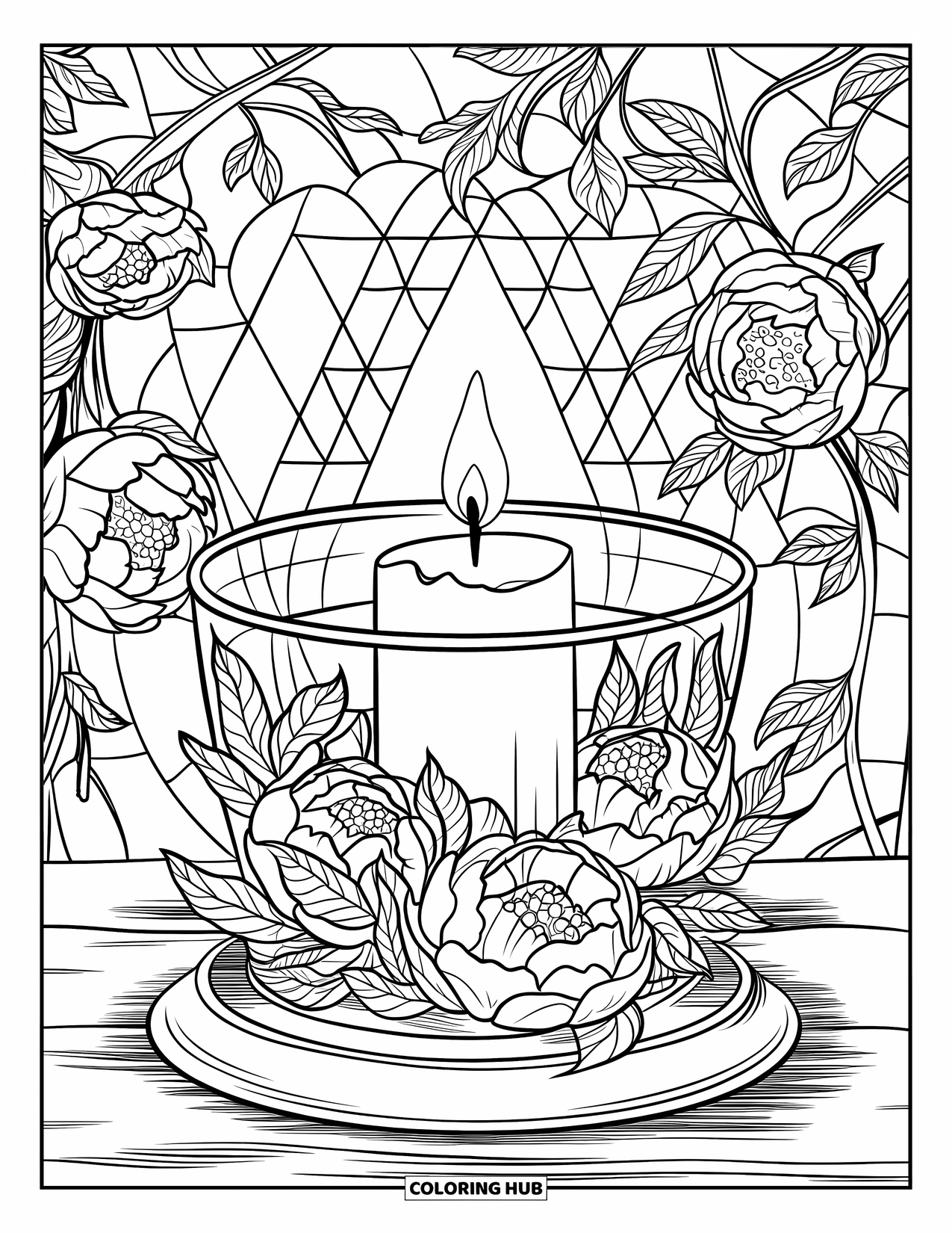 Candle Coloring Page for Adults: Candle in a jar glowing among peonies, vines, and stained glass
