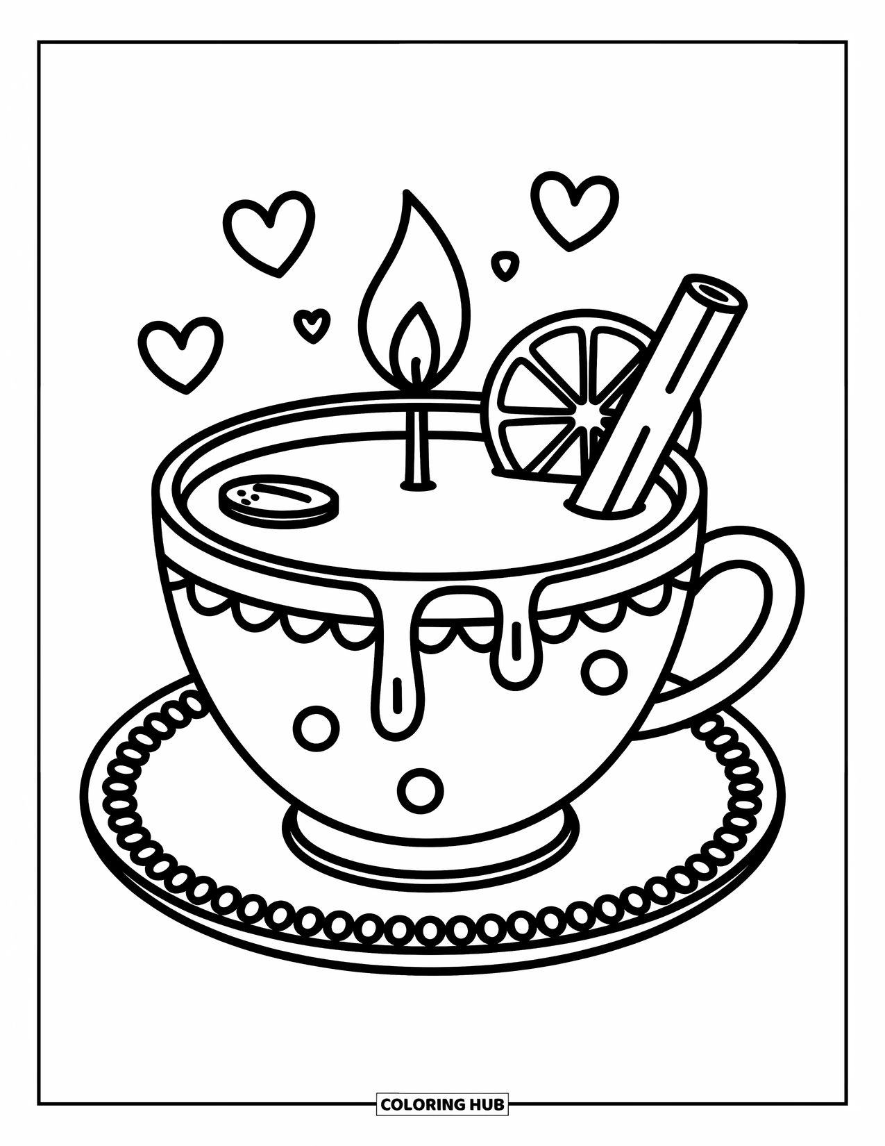 Candle Coloring Page for Adults: Candle in a polka-dot teacup with orange slice, cinnamon stick, and floating hearts