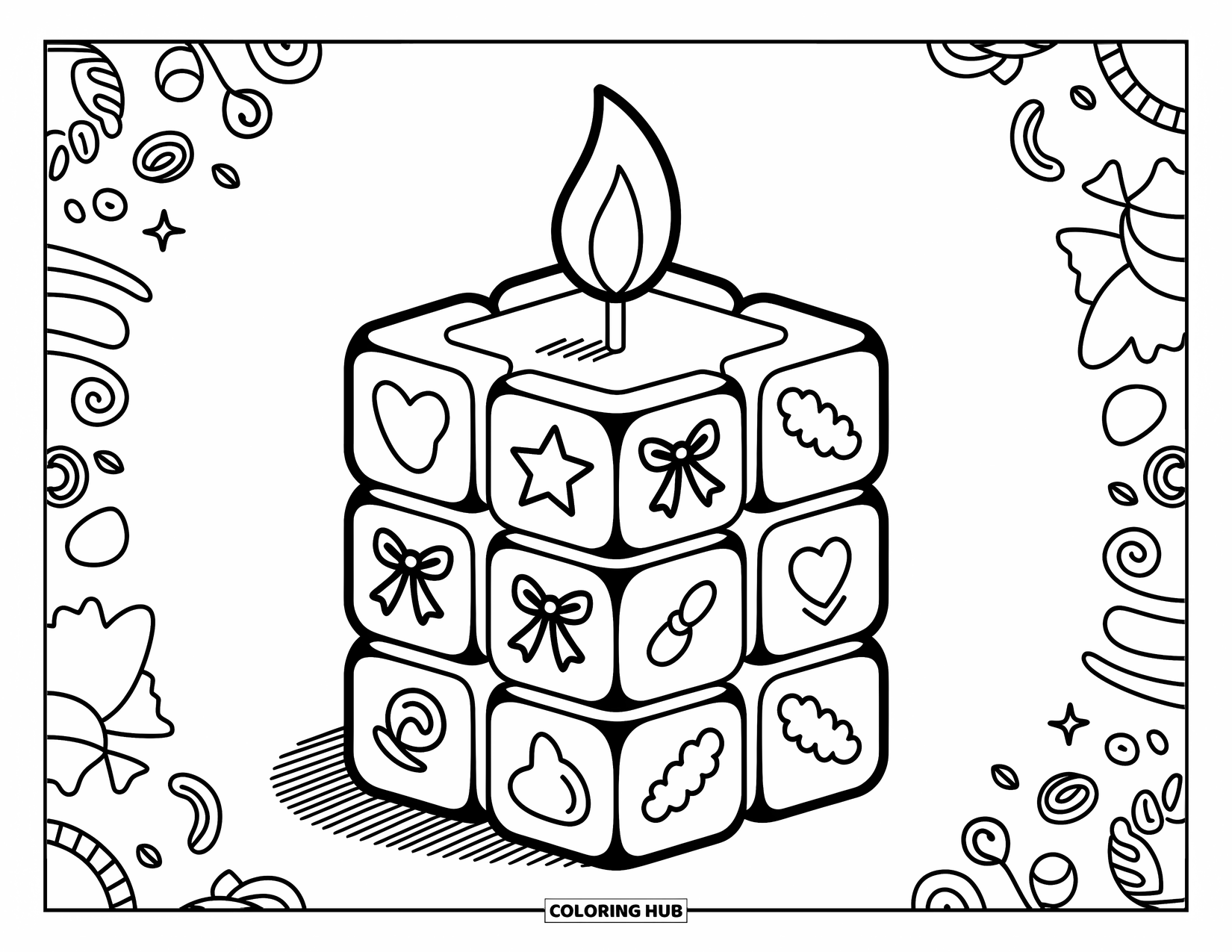 Candle Coloring Page for Adults: Chunky cube candle with cozy layers and miniature doodles on a hand-drawn base