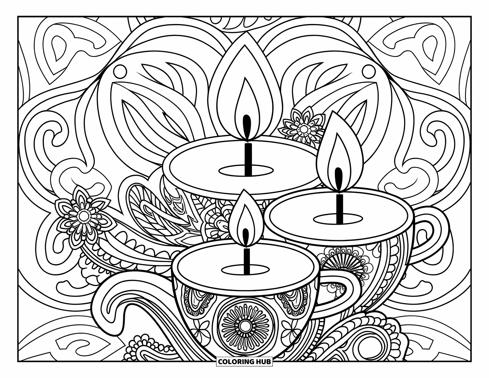Candle Coloring Page for Adults: Cup candles layered on a mandala-style paisley background