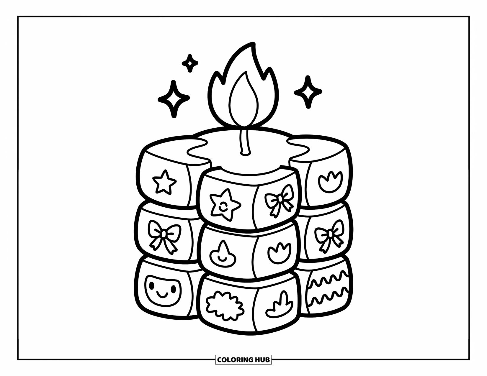 Candle Coloring Page for Adults: Cute layered cube candle with star, bow, and ribbon doodles and a petal-shaped flame