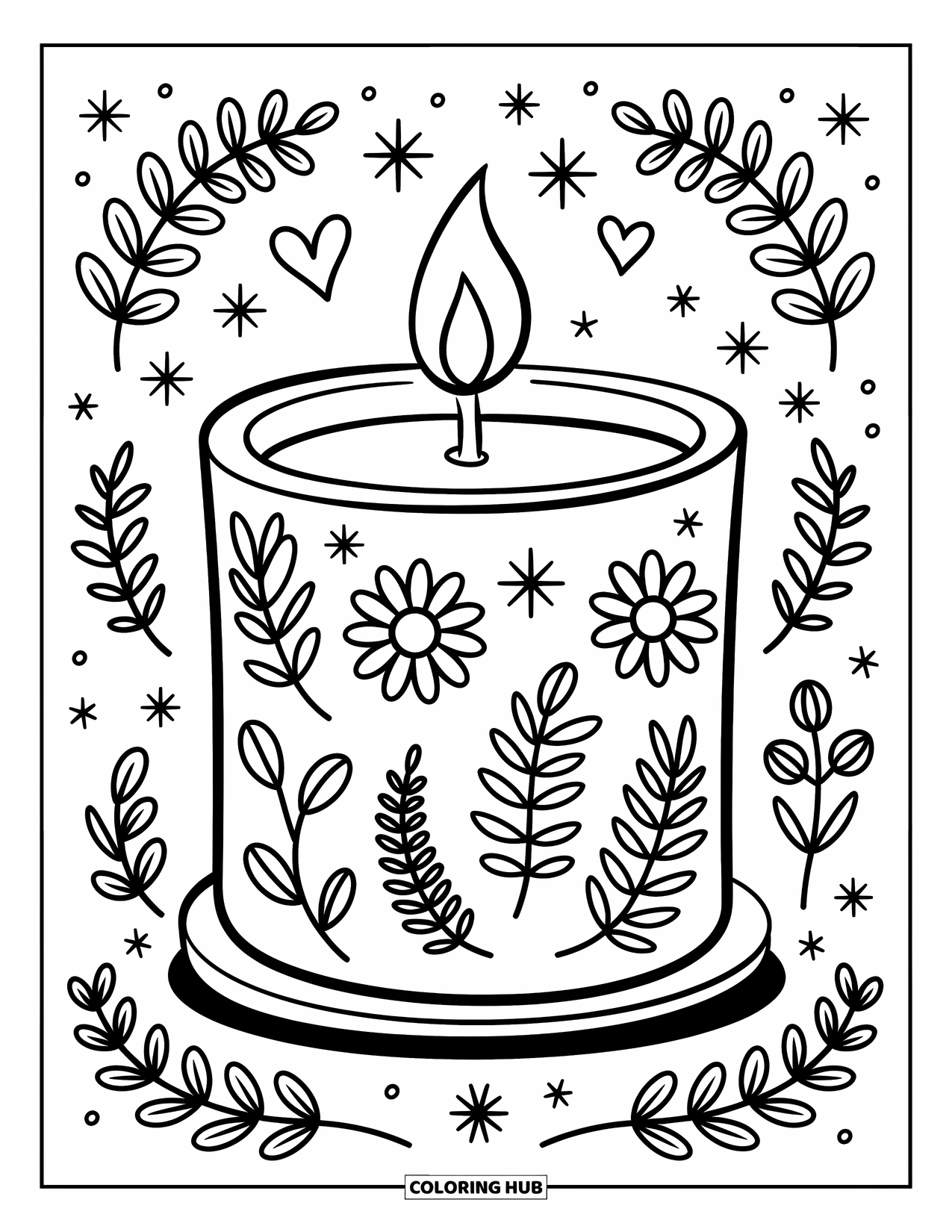 Candle Coloring Page for Adults: Floral candle with daisy doodles and heart-shaped flame in a cozy setup