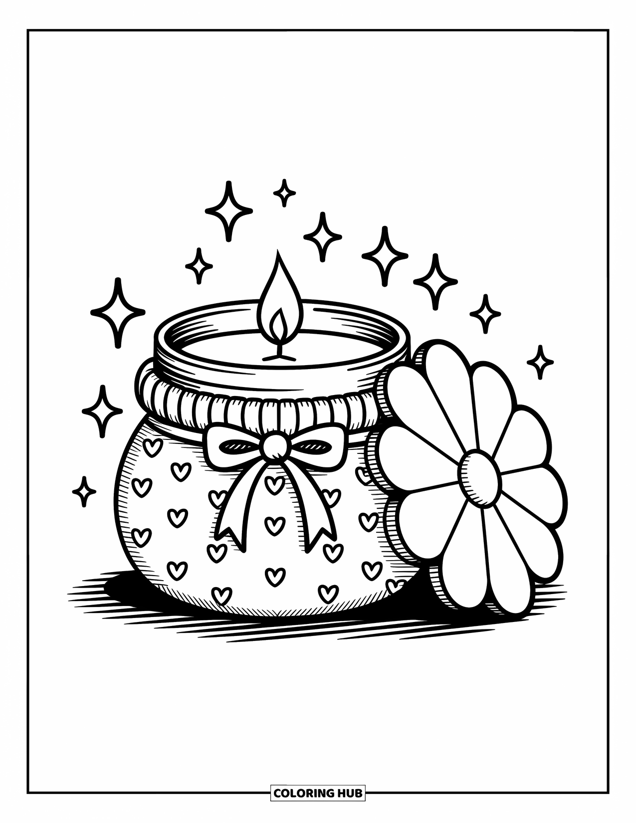 Candle Coloring Page for Adults: Heart-covered sleeve hugs a candle jar with a scalloped lid beside it