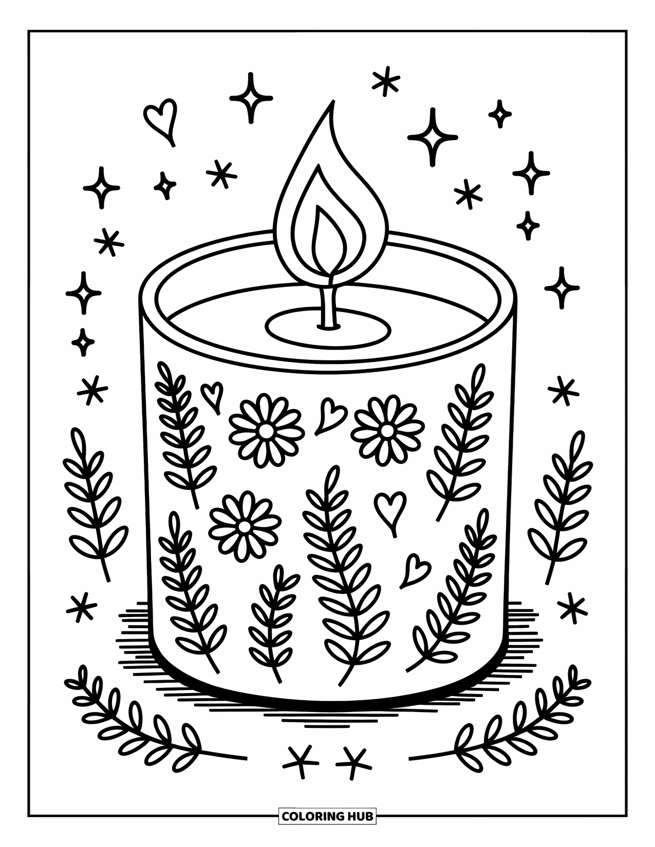 Candle Coloring Page for Adults: Heart-flamed candle with kawaii daisies and sparkles on a square base