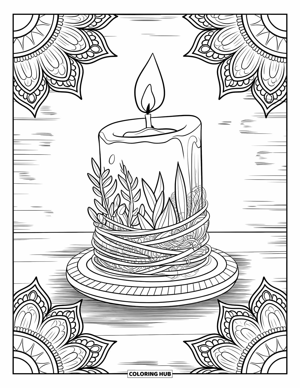 Candle Coloring Page for Adults: Herb-wrapped candle on a wooden base with ornate patterns