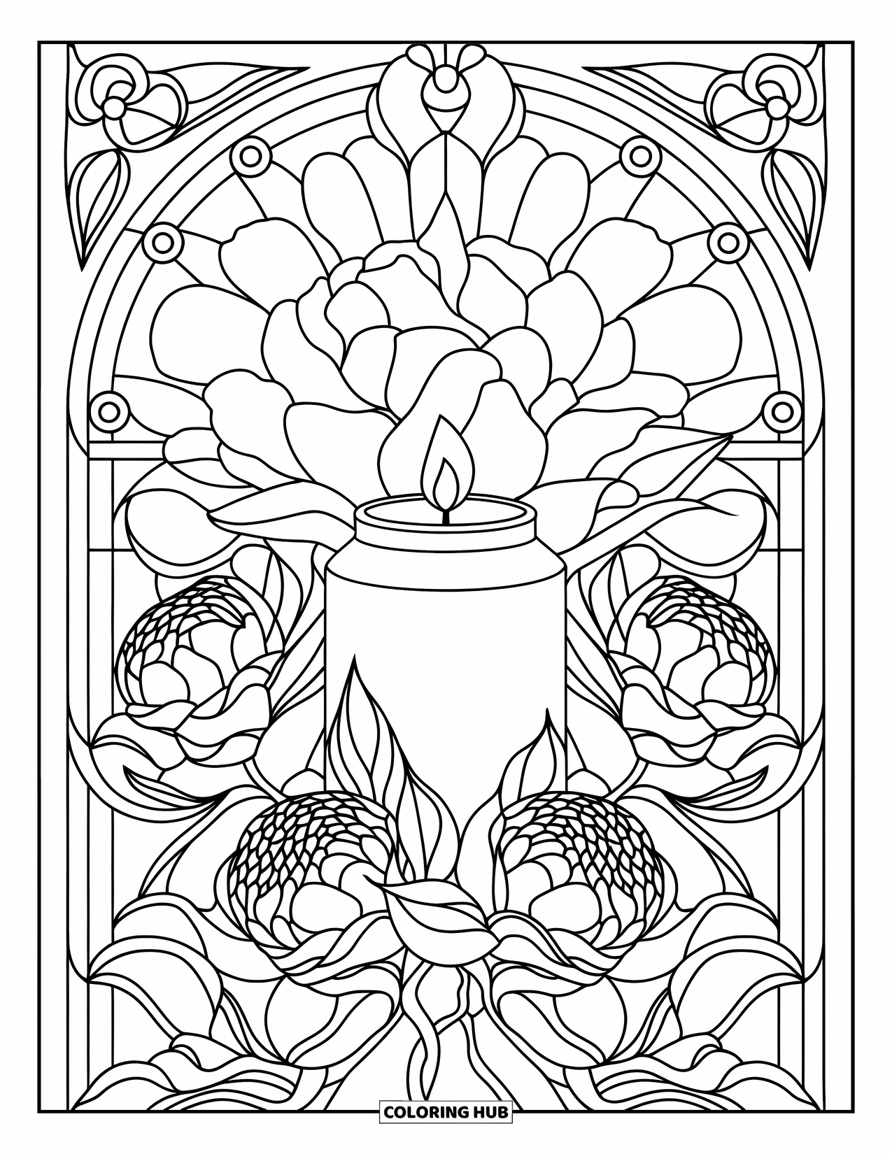 Candle Coloring Page for Adults: Lit jar candle with peonies and stained glass backdrop