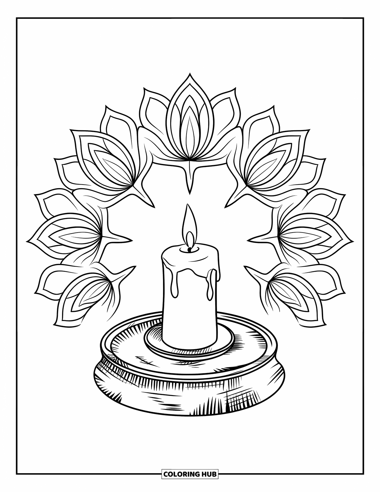 Candle Coloring Page for Adults: Lotus-petal circle around a candle on a vintage stand