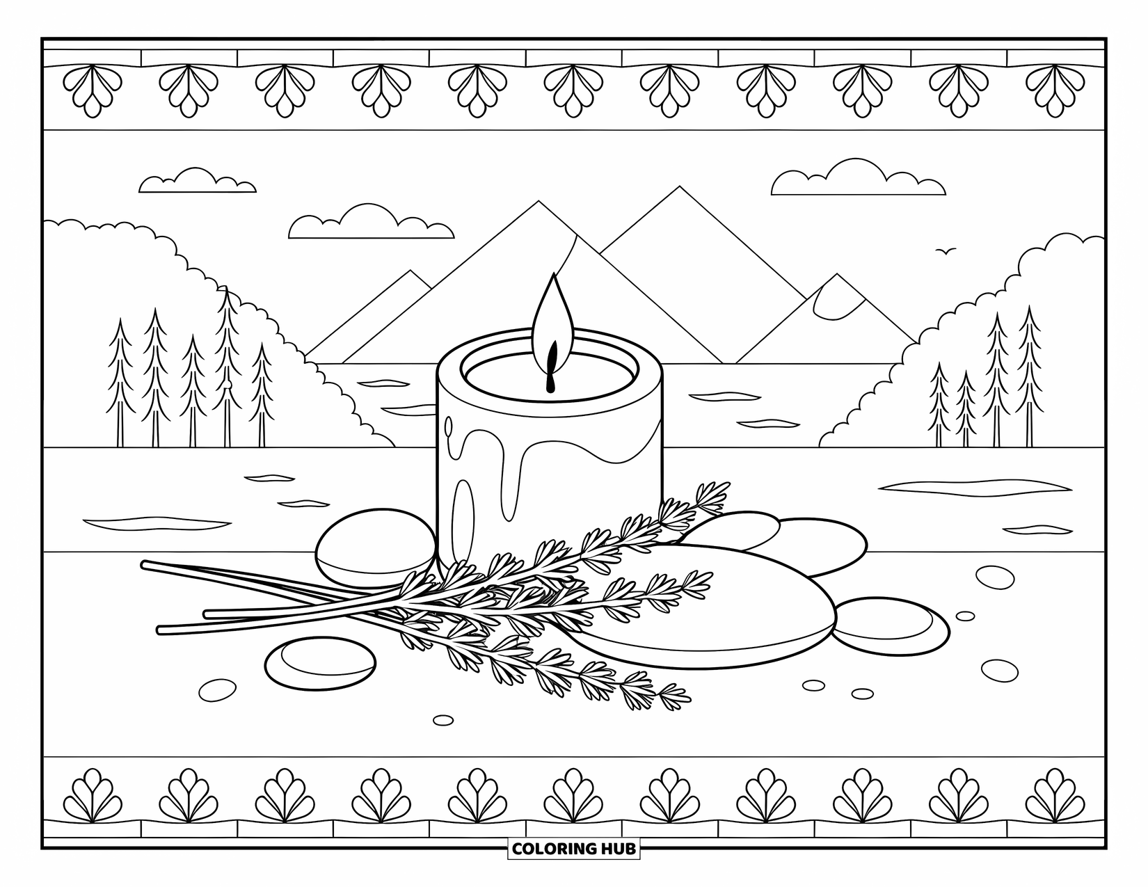 Candle Coloring Page for Adults: Peaceful spa scene with candle, lavender, stones, and mountain view