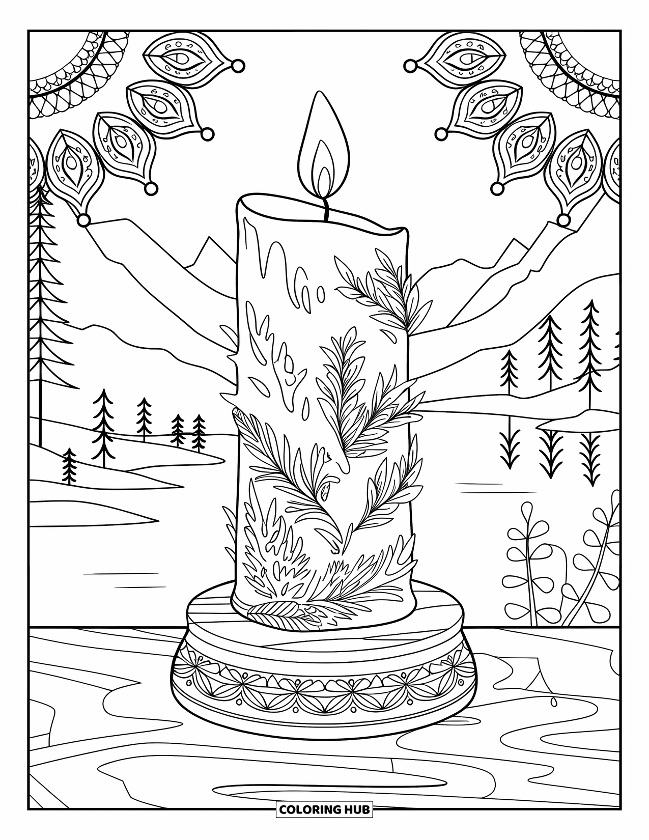 Candle Coloring Page for Adults: Pillar candle and herbs set in a peaceful landscape