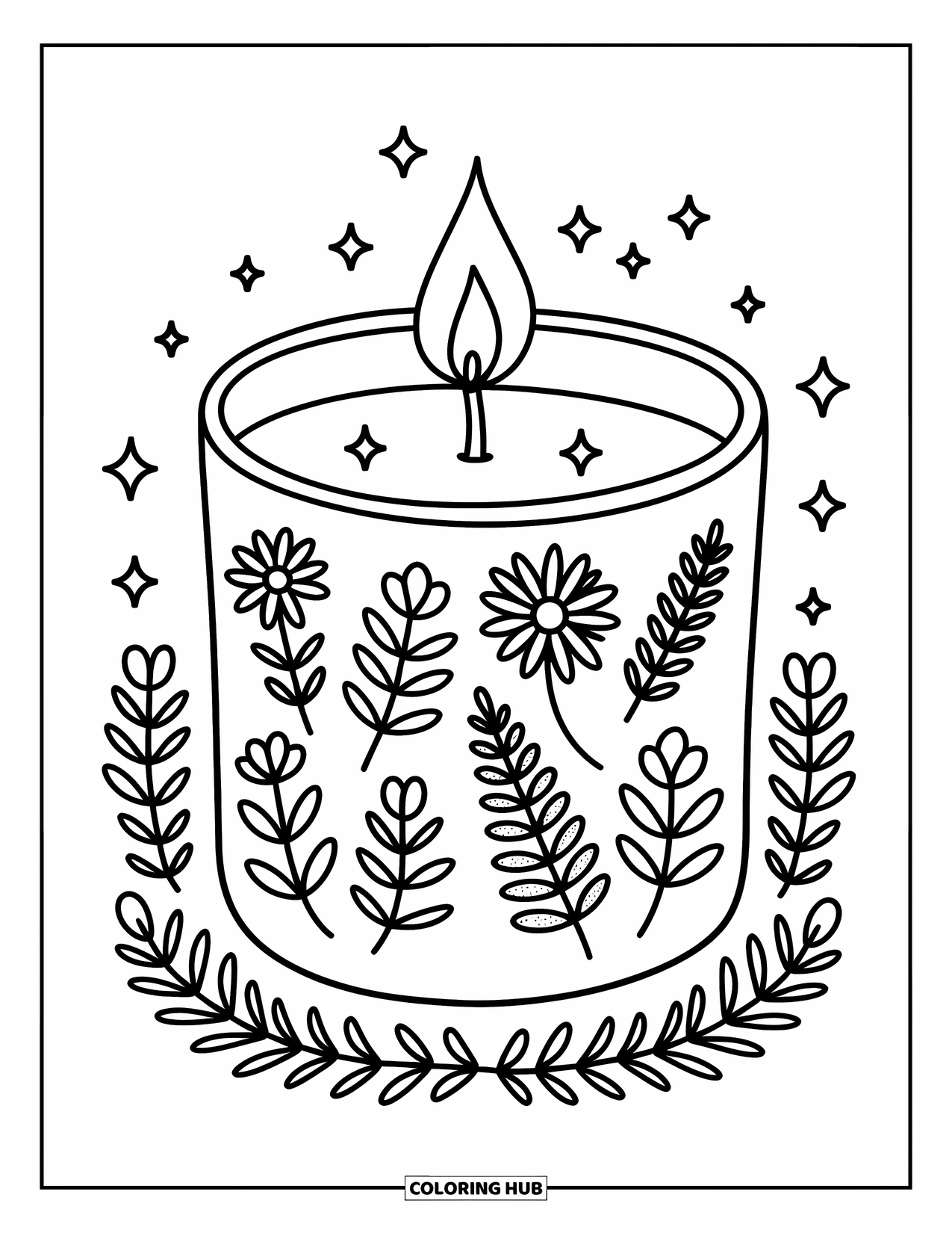 Candle Coloring Page for Adults: Pressed flower candle with heart flame and cute botanical doodles