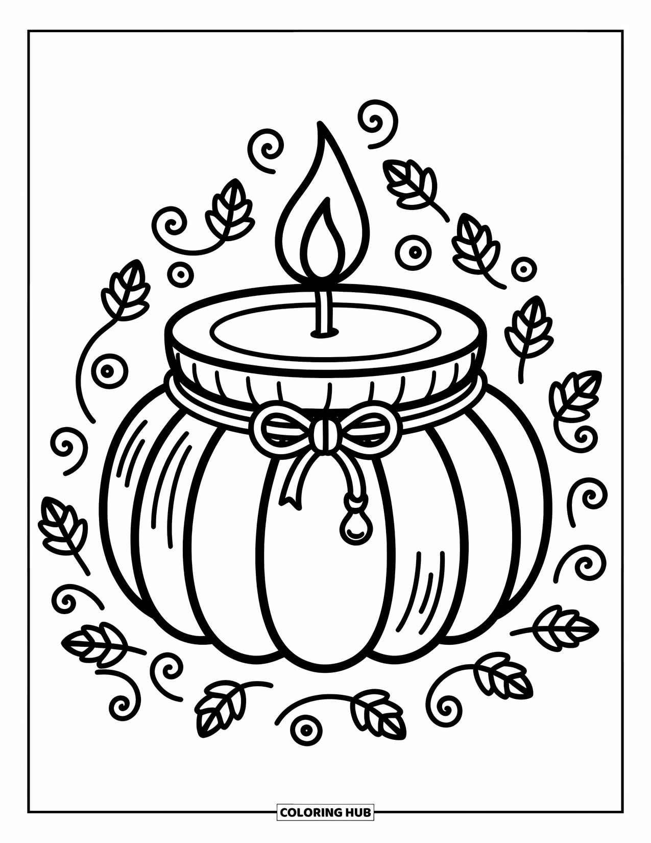 Candle Coloring Page for Adults: Rounded pumpkin candle with flame and playful autumn curls and leaves
