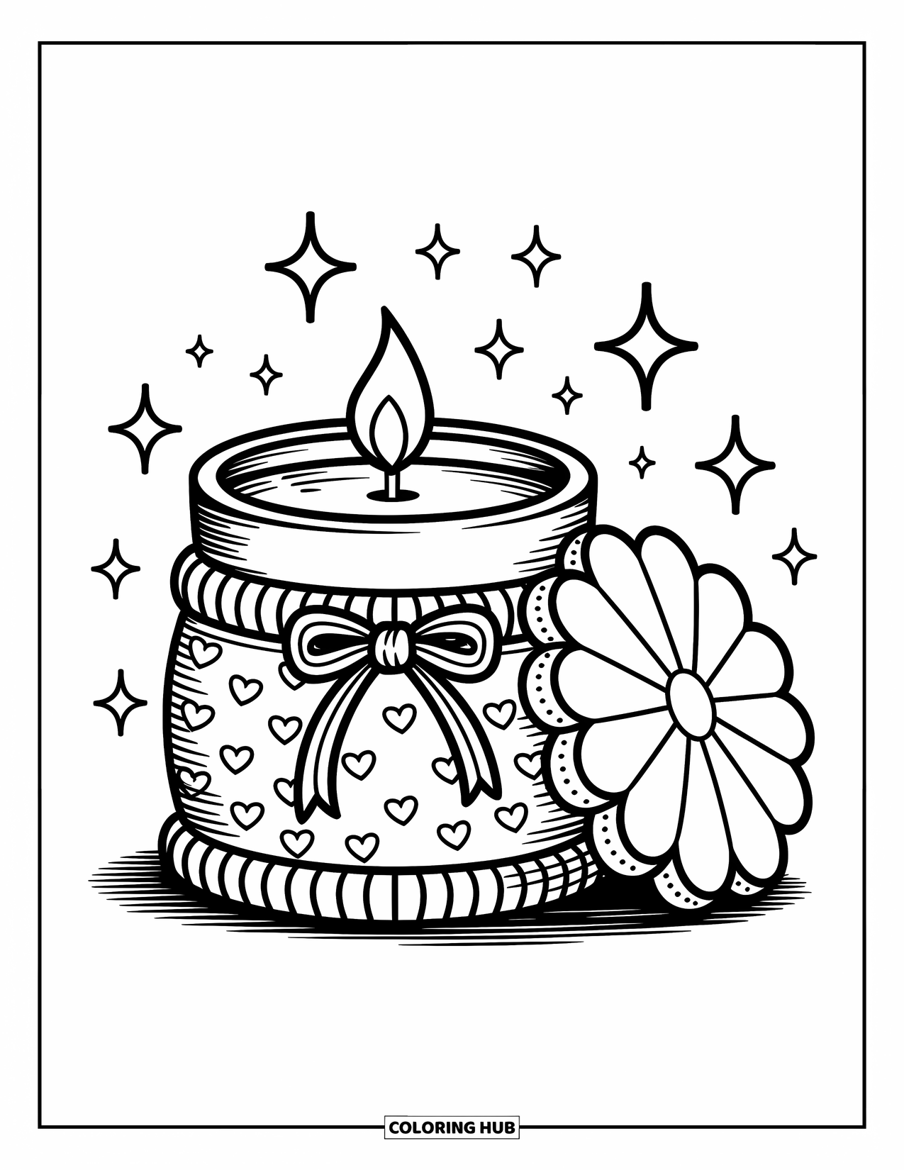 Candle Coloring Page for Adults: Short jar candle with cozy patterns, ribbon, stars, and a dotted lid