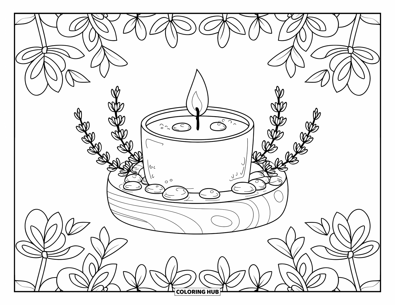 Candle Coloring Page for Adults: Spa candle with herbs and stones, surrounded by florals