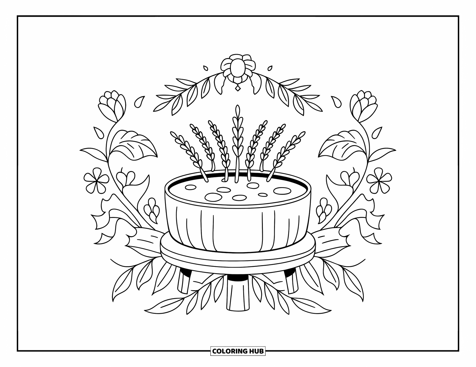 Candle Coloring Page for Adults: Spa candle with lavender and stones framed by floral borders