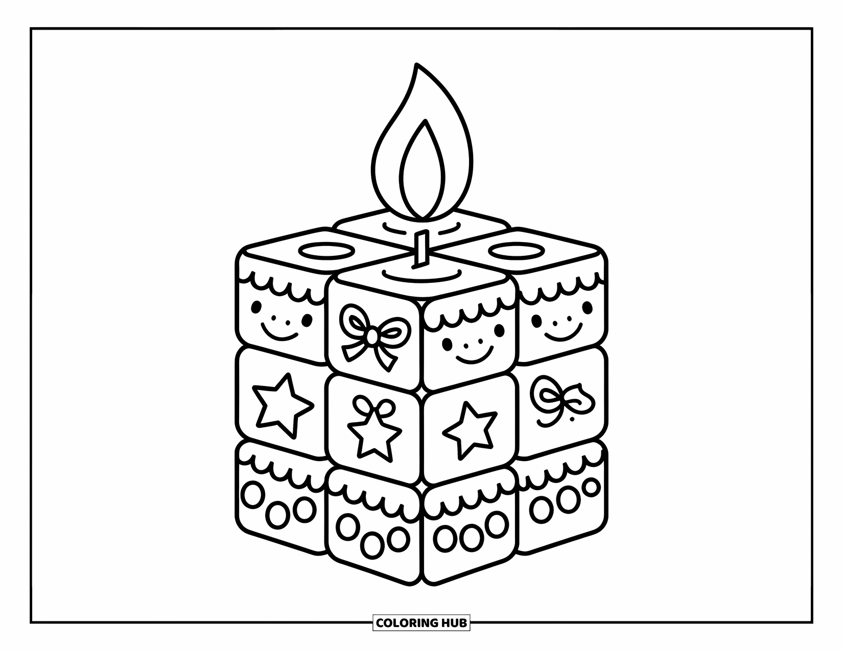 Candle Coloring Page for Adults: Stacked cube candle with scalloped sides and playful charms like a bow and ribbon