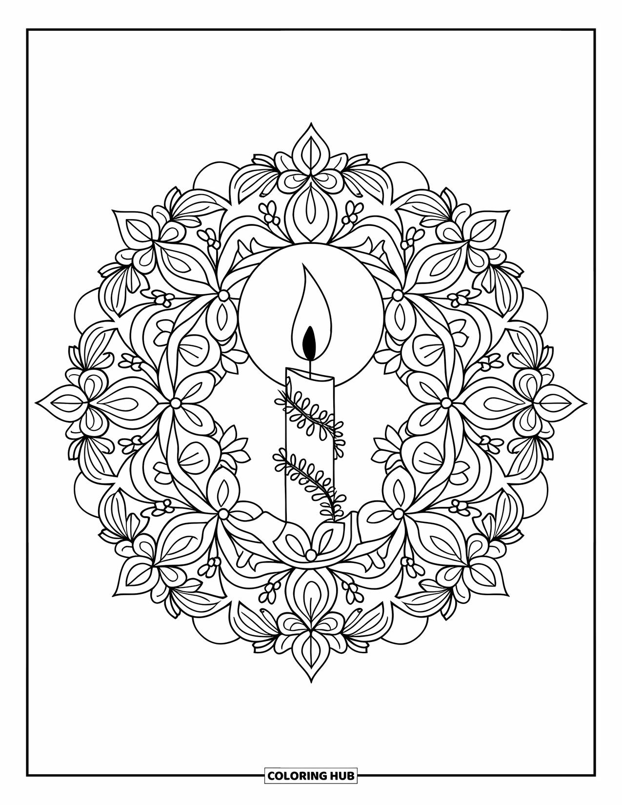 Candle Coloring Page for Adults: Tall candle glowing in the center of a floral mandala
