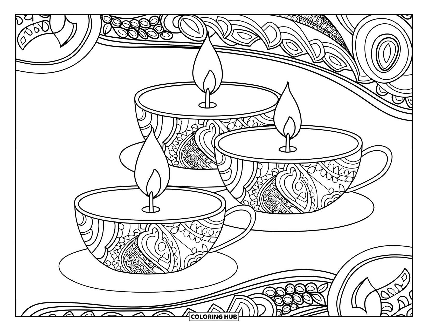 Candle Coloring Page for Adults: Three cup candles sit atop swirling paisley patterns