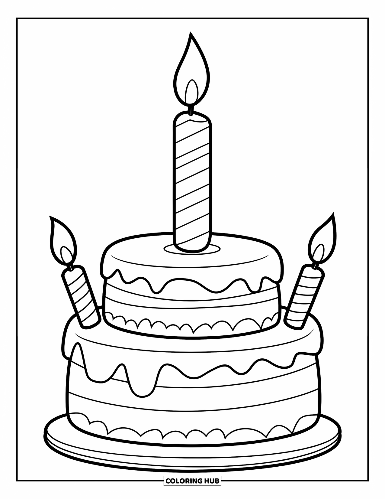 Candle Coloring Page for Kids: Birthday candle tops a patterned cake with two smaller candles beside it