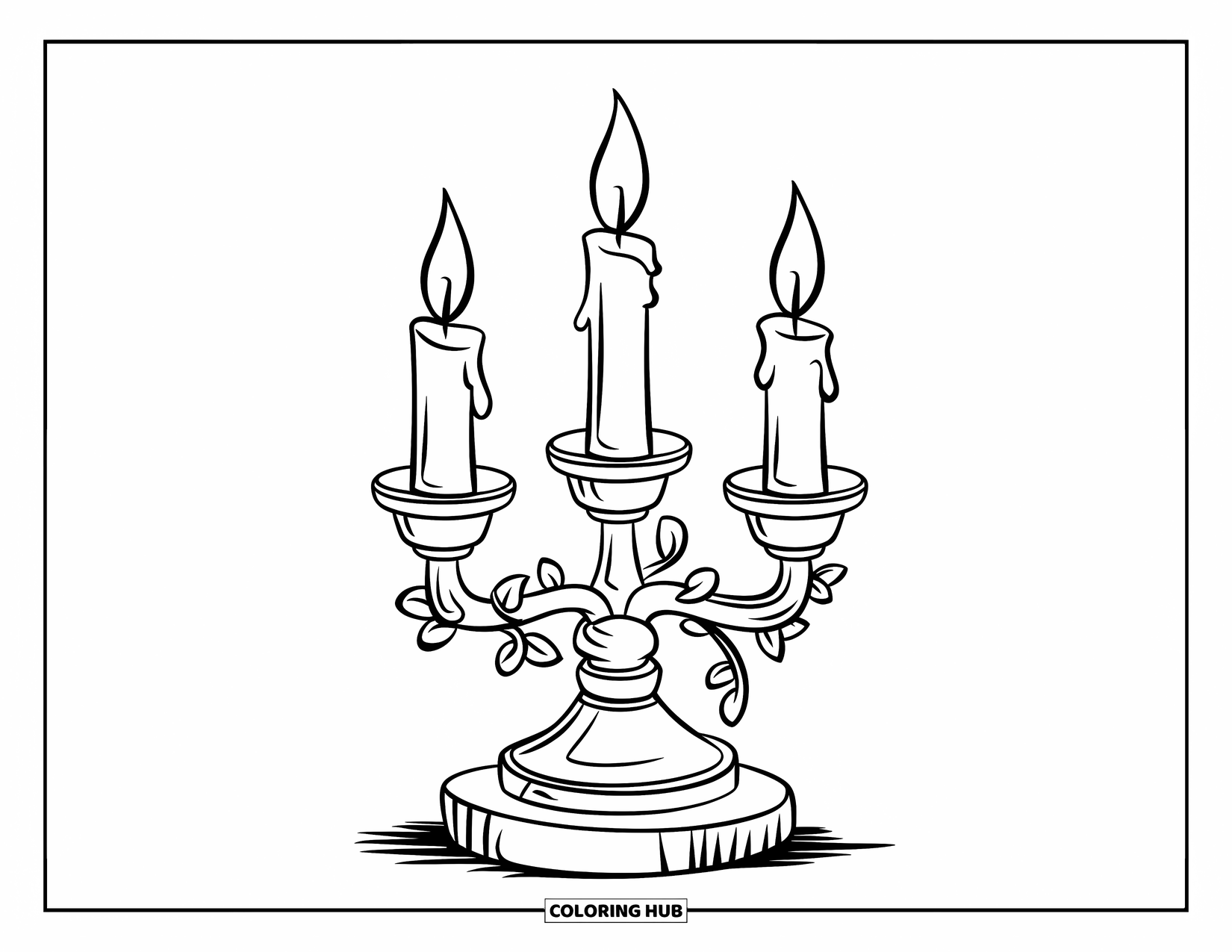 Candle Coloring Page for Kids: Candelabra with vines and three lit candles stands tall