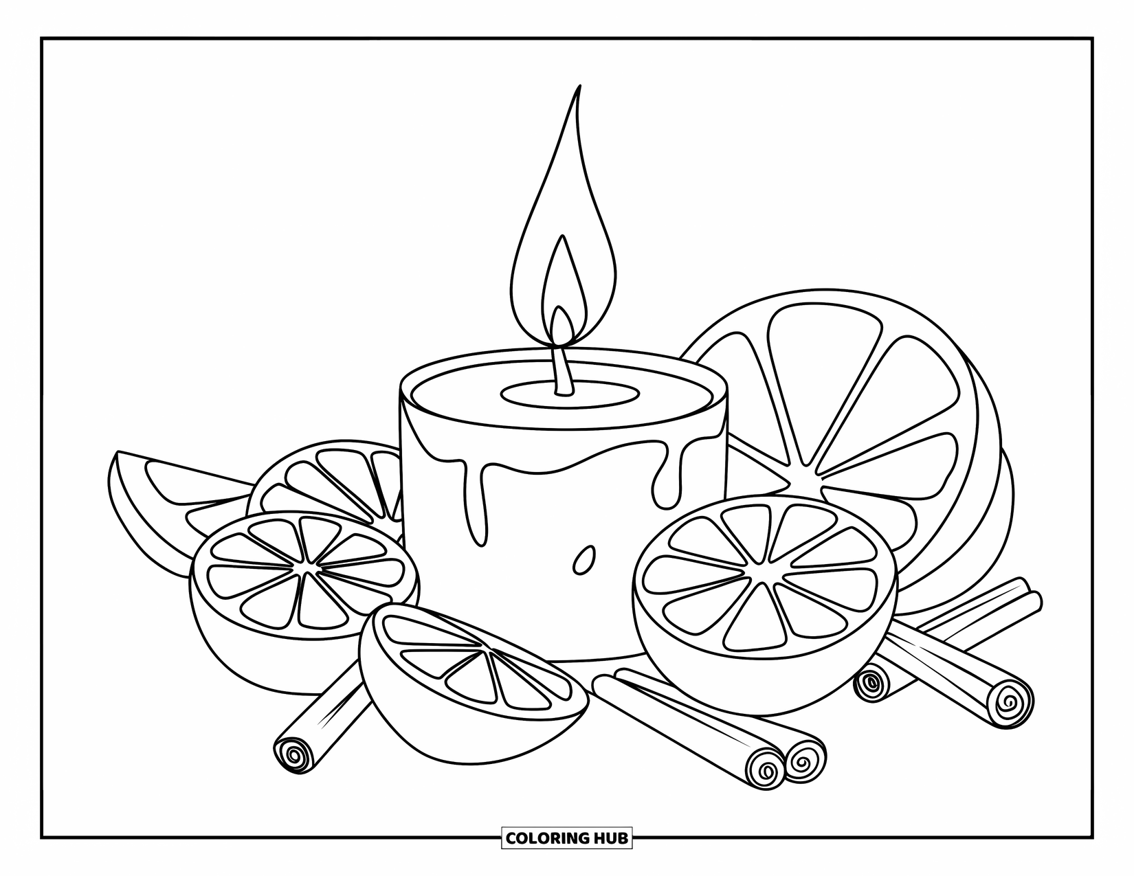 Candle Coloring Page for Kids: Candle glows among oranges, lemons, and cinnamon sticks