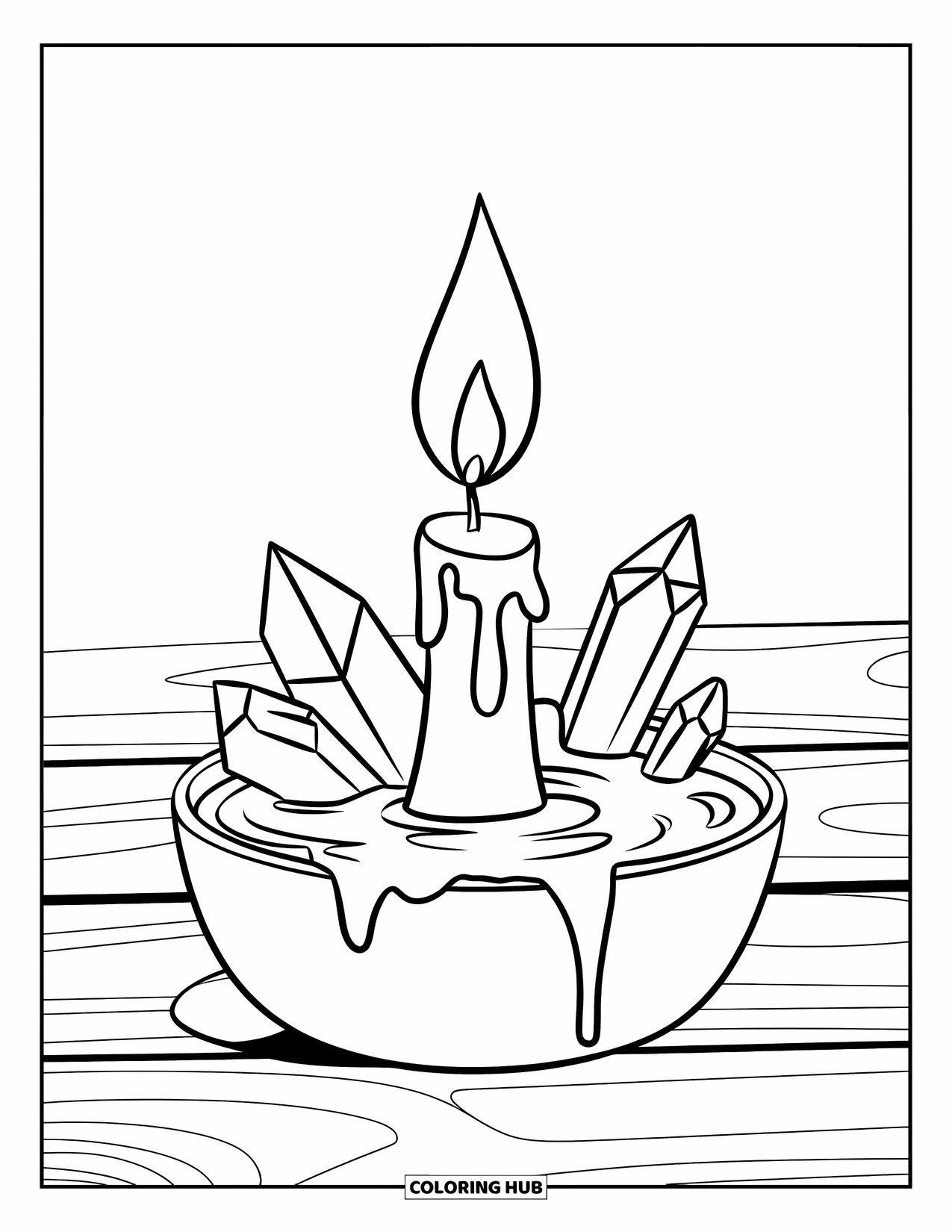 Candle Coloring Page for Kids: Candle melts into a bowl of crystals on a wooden surface