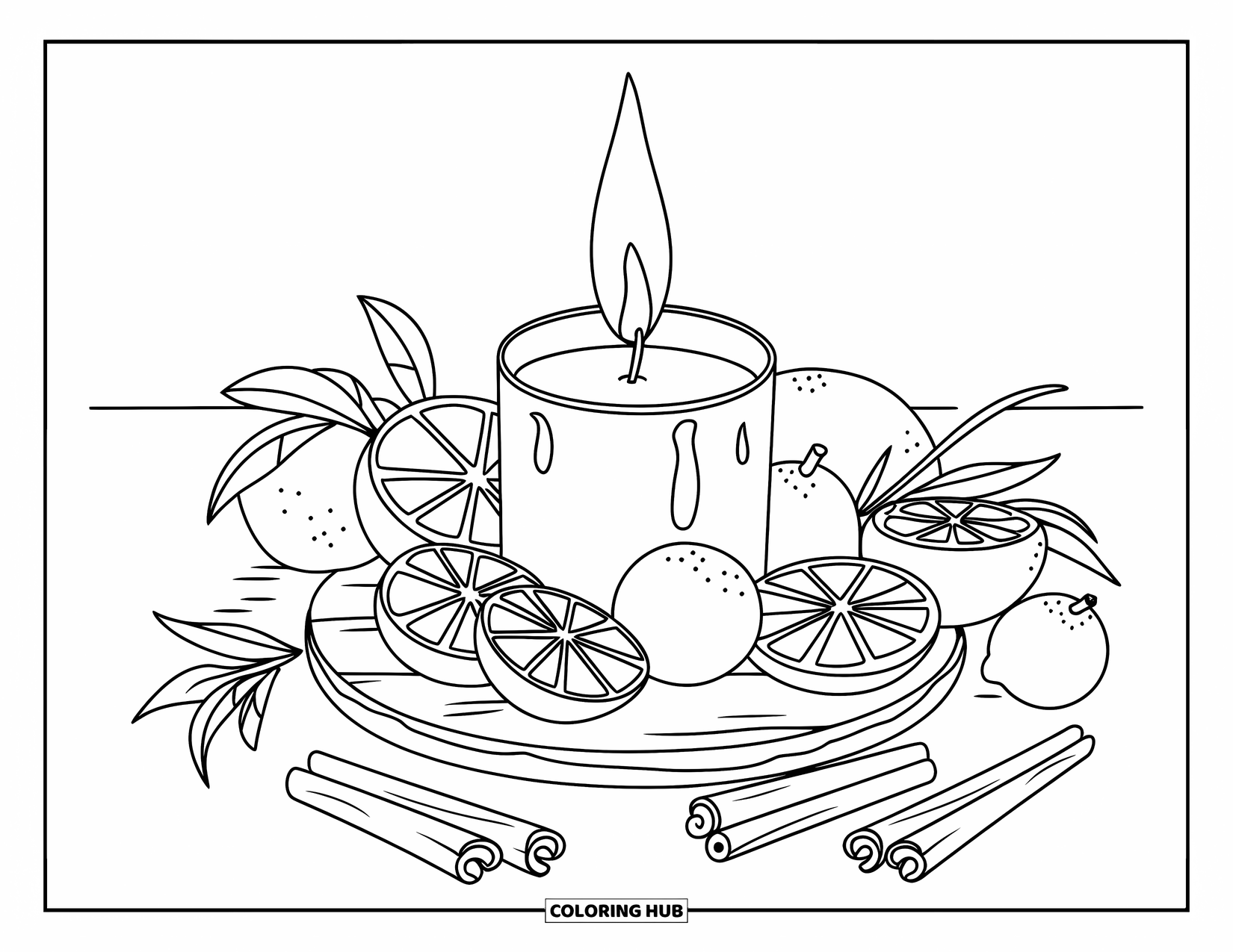 Candle Coloring Page for Kids: Candle sits on a board with citrus and cinnamon all around